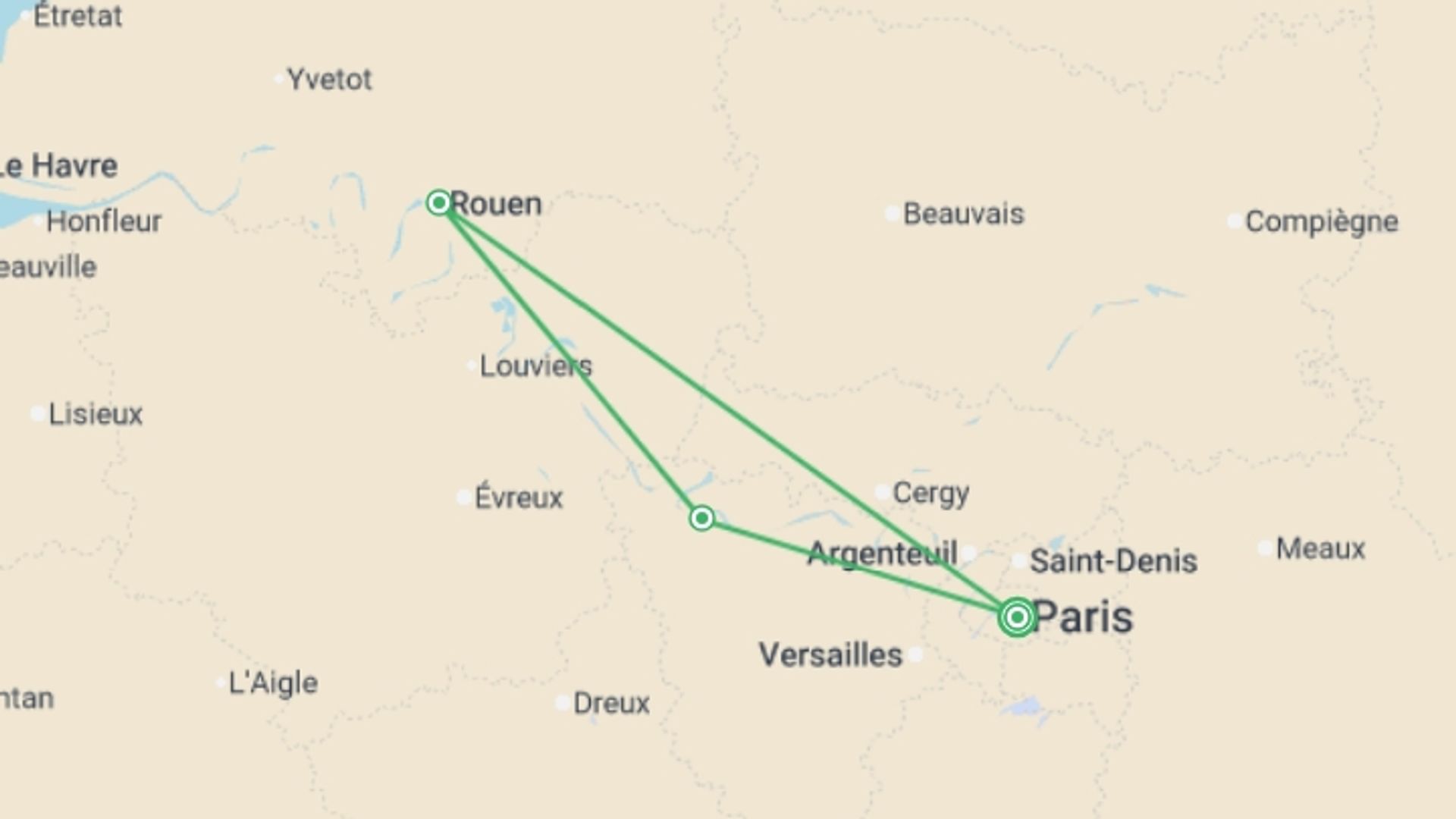 A map showing the tour itinerary for the trip: From Paris, the City of Light, to the shores of Normandy, a festive and gourmet cruise on the Seine aboard a paddlewheel boat (port-to-port cruise), starting in Paris, France and ending in Paris, France going through 1 other destinations.