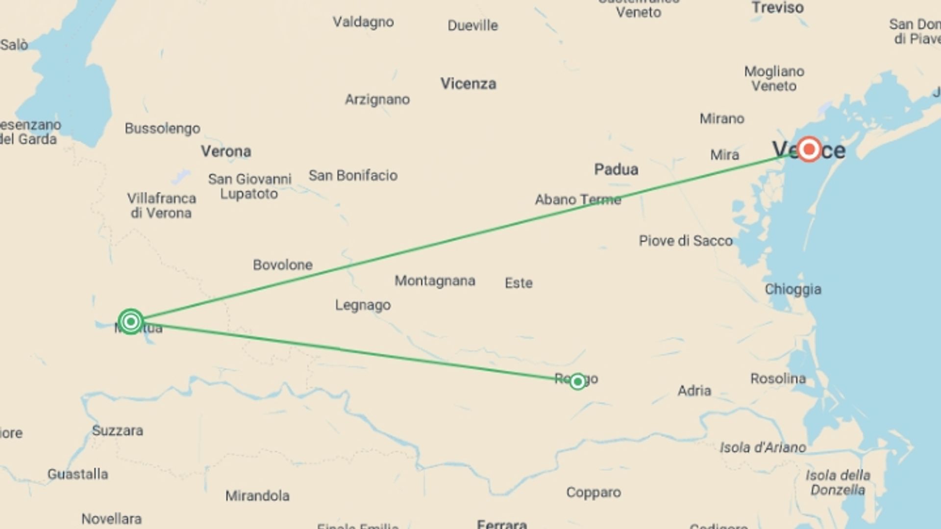 A map showing the tour itinerary for the trip: From Renaissance-infused Mantua to the Canals of Venice, starting in Venice, Italy and ending in Venice, Italy going through 2 other destinations.