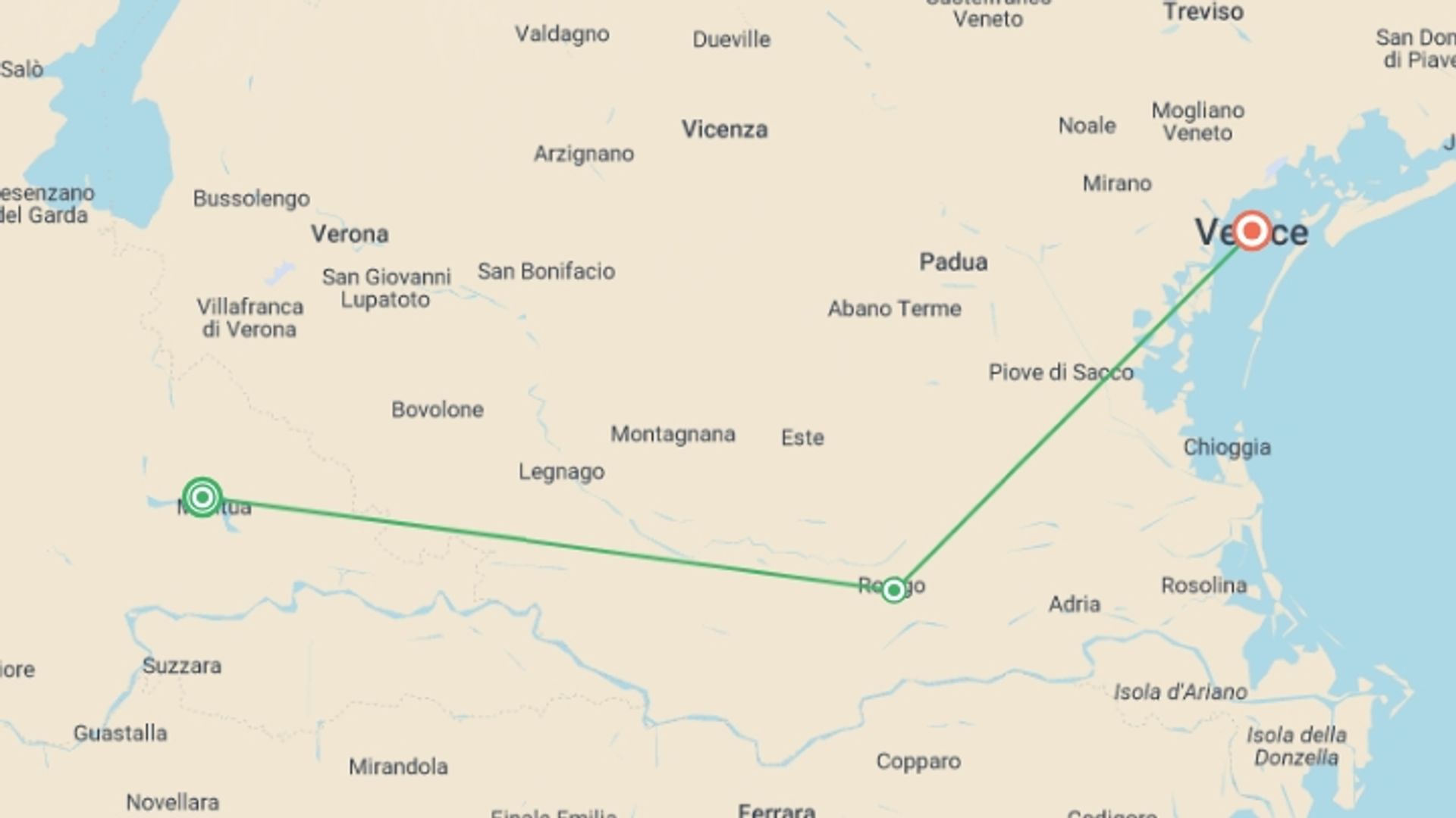 A map showing the tour itinerary for the trip: From Renaissance-infused Mantua to the Canals of Venice, starting in Mantua, Italy and ending in Venice, Italy going through 2 other destinations.