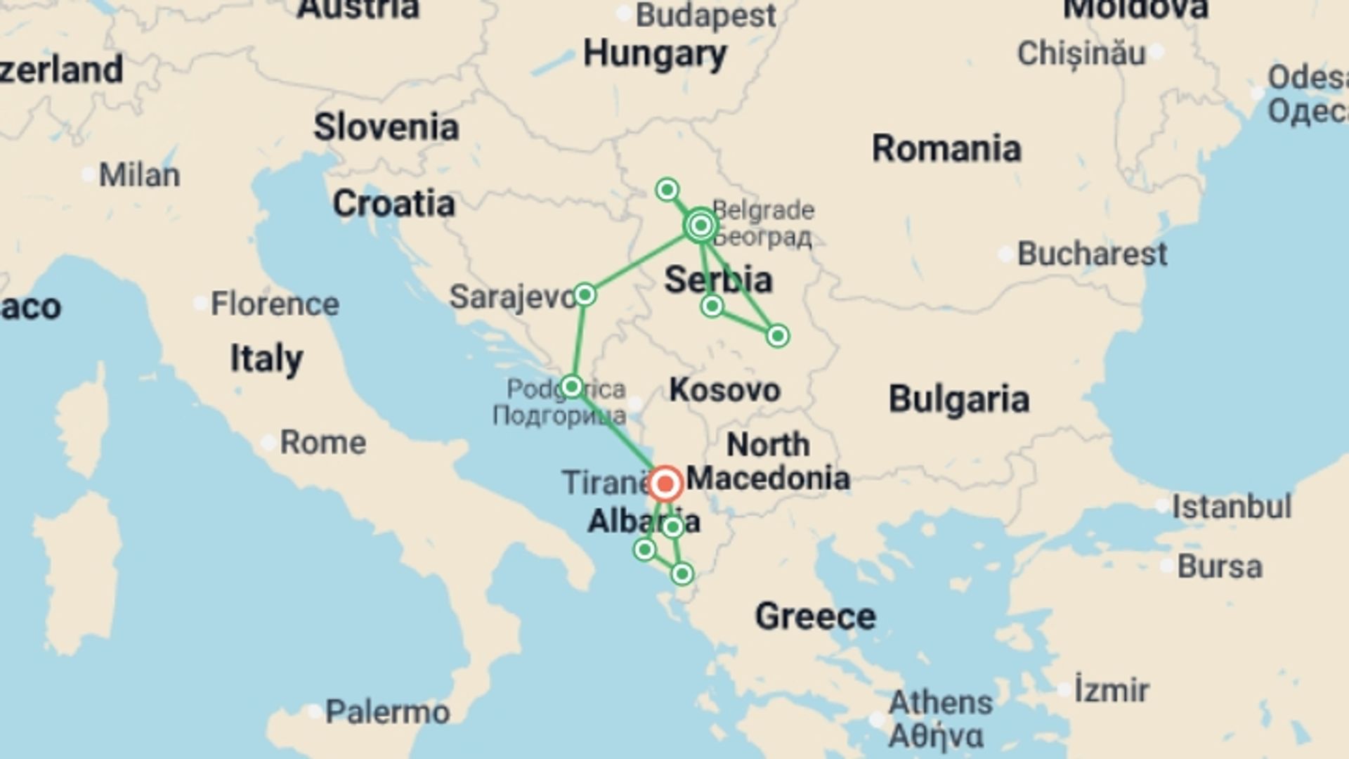 A map showing the tour itinerary for the trip: From Serbia to Albania, starting in Belgrade, Serbia and ending in Tirana, Albania going through 8 other destinations.