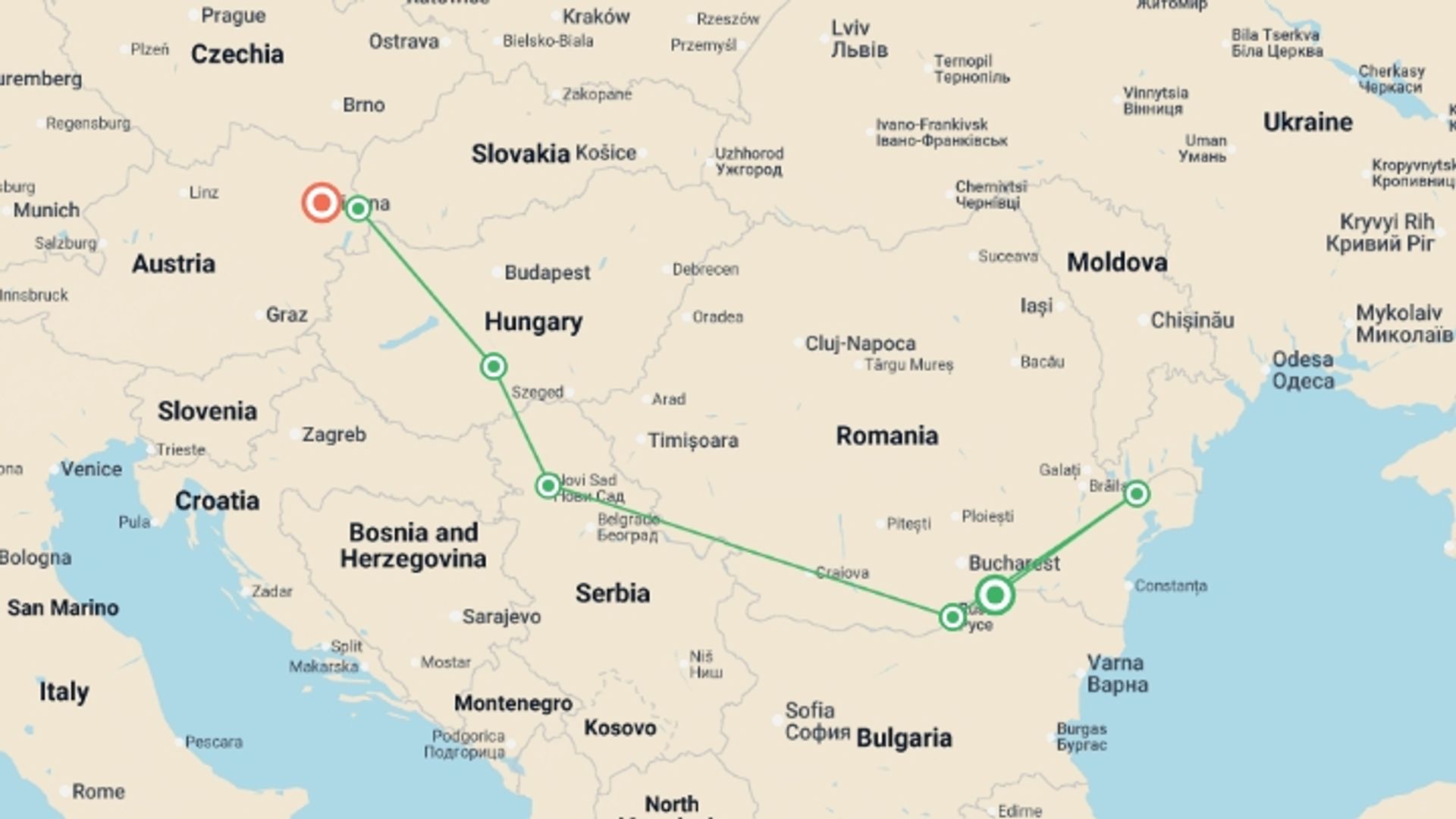 A map showing the tour itinerary for the trip: From the Black Sea to the Blue Danube (port-to-port cruise), starting in Oltnenita, Romania and ending in Vienna, Austria going through 5 other destinations.