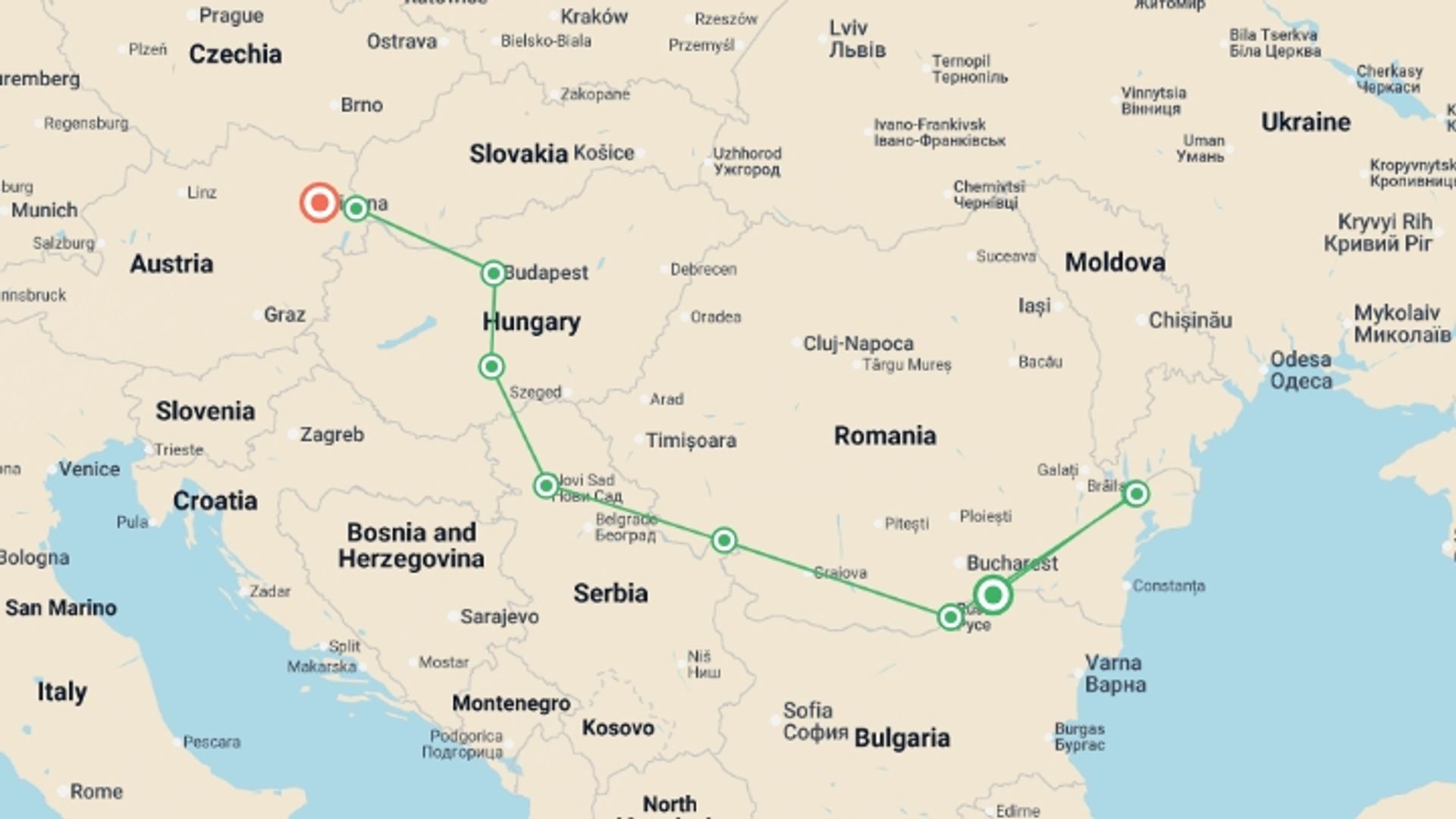 A map showing the tour itinerary for the trip: From the Black Sea to the Blue Danube (port-to-port cruise), starting in Oltnenita, Romania and ending in Vienna, Austria going through 7 other destinations.