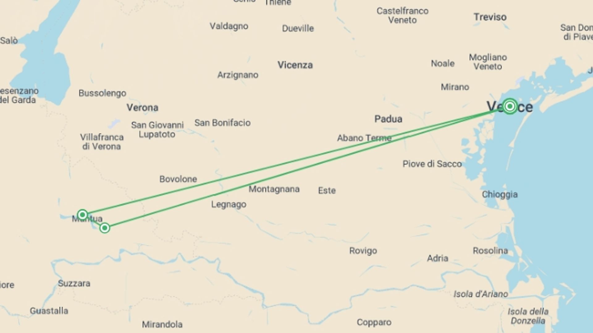 A map showing the tour itinerary for the trip: From the Canals of Venice to Renaissance-infused Mantua, starting in Venice, Italy and ending in Venice, Italy going through 2 other destinations.