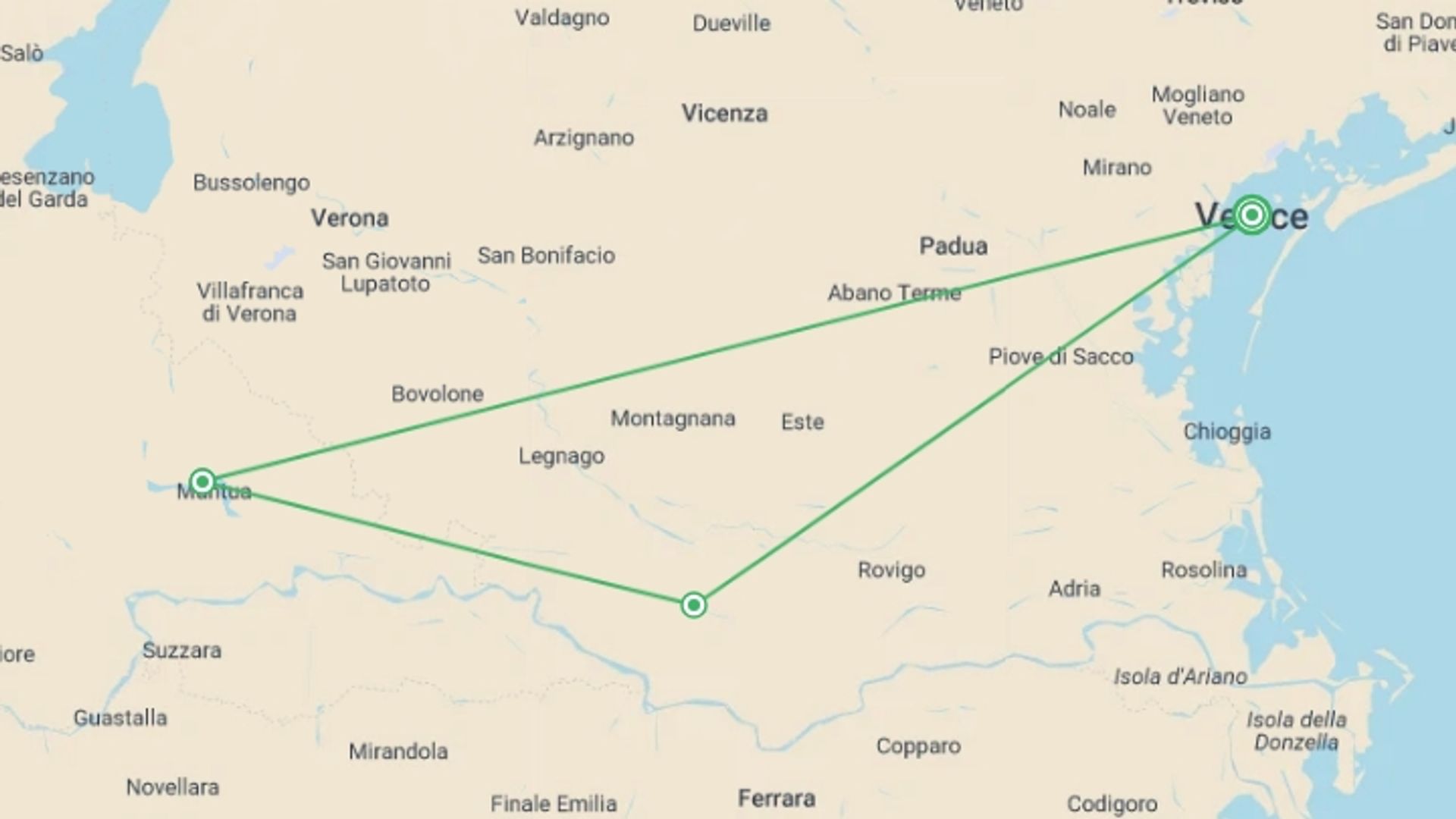A map showing the tour itinerary for the trip: From the Canals of Venice to Renaissance-infused Mantua, starting in Venice, Italy and ending in Venice, Italy going through 2 other destinations.