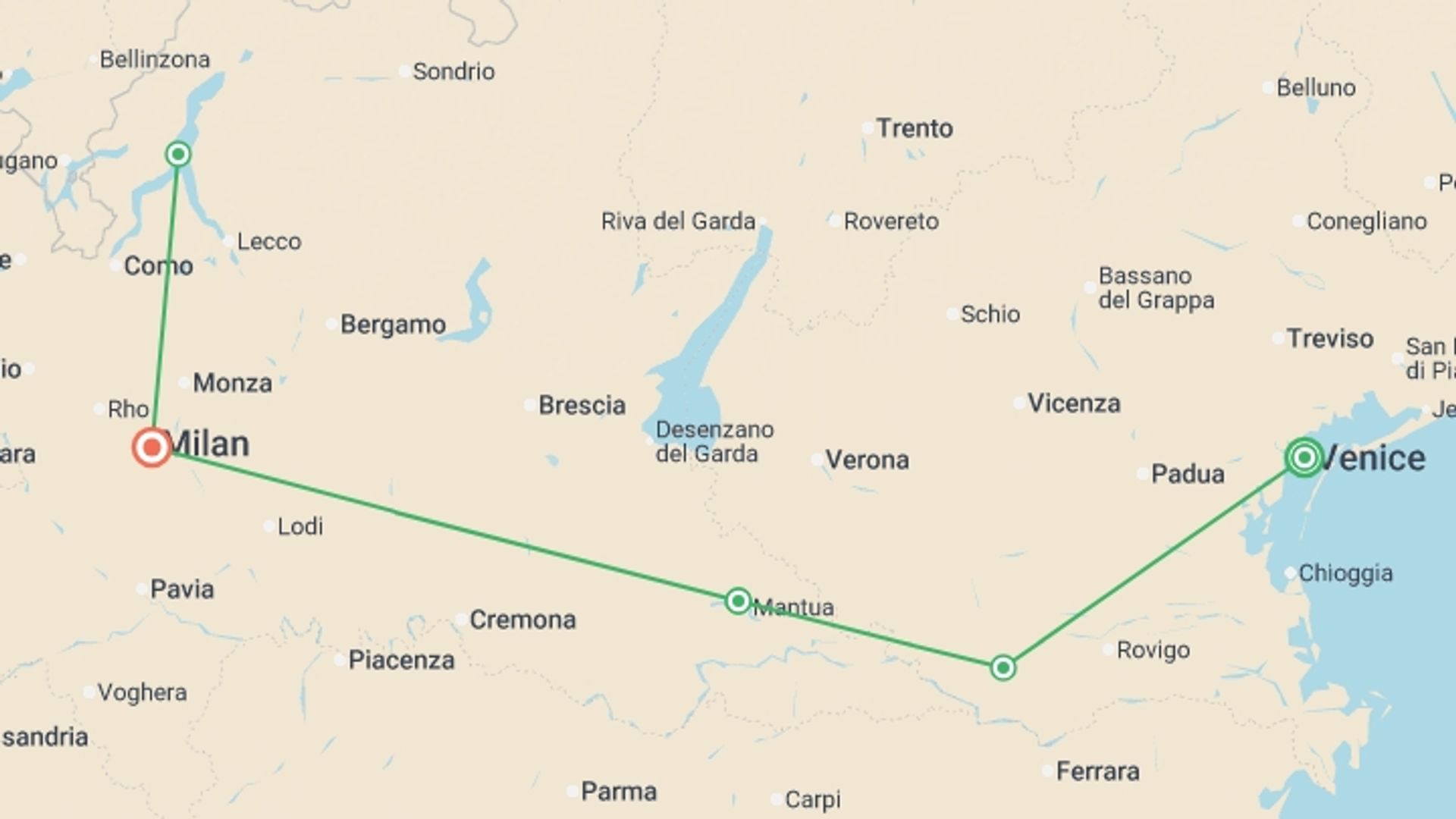 A map showing the tour itinerary for the trip: From the Canals of Venice to Renaissance-infused Mantua & Milan and Lake Como Extended Stay (port-to-port cruise), starting in Venice, Italy and ending in Milan going through 4 other destinations.