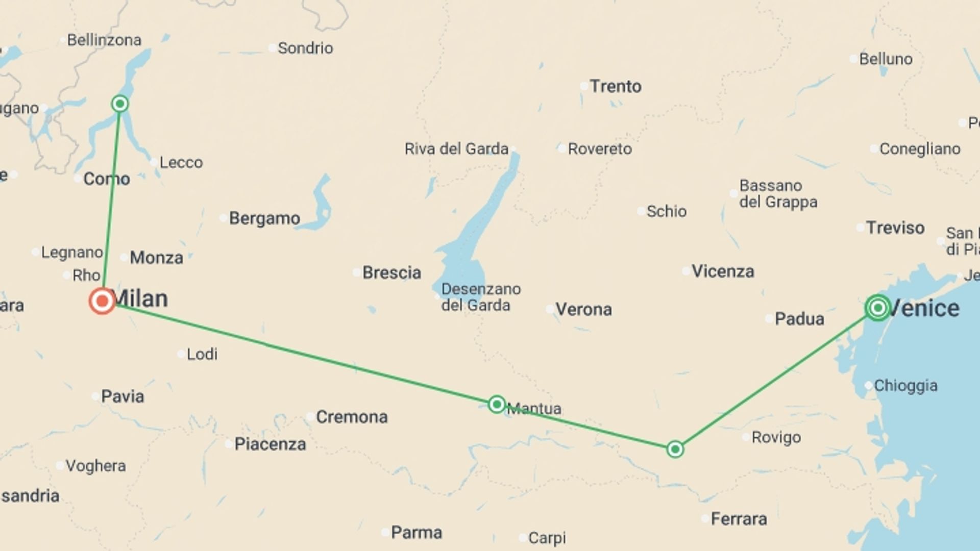 A map showing the tour itinerary for the trip: From the Canals of Venice to Renaissance-infused Mantua & Milan and Lake Como Extended Stay (port-to-port cruise), starting in Venice, Italy and ending in Milan, Italy going through 4 other destinations.