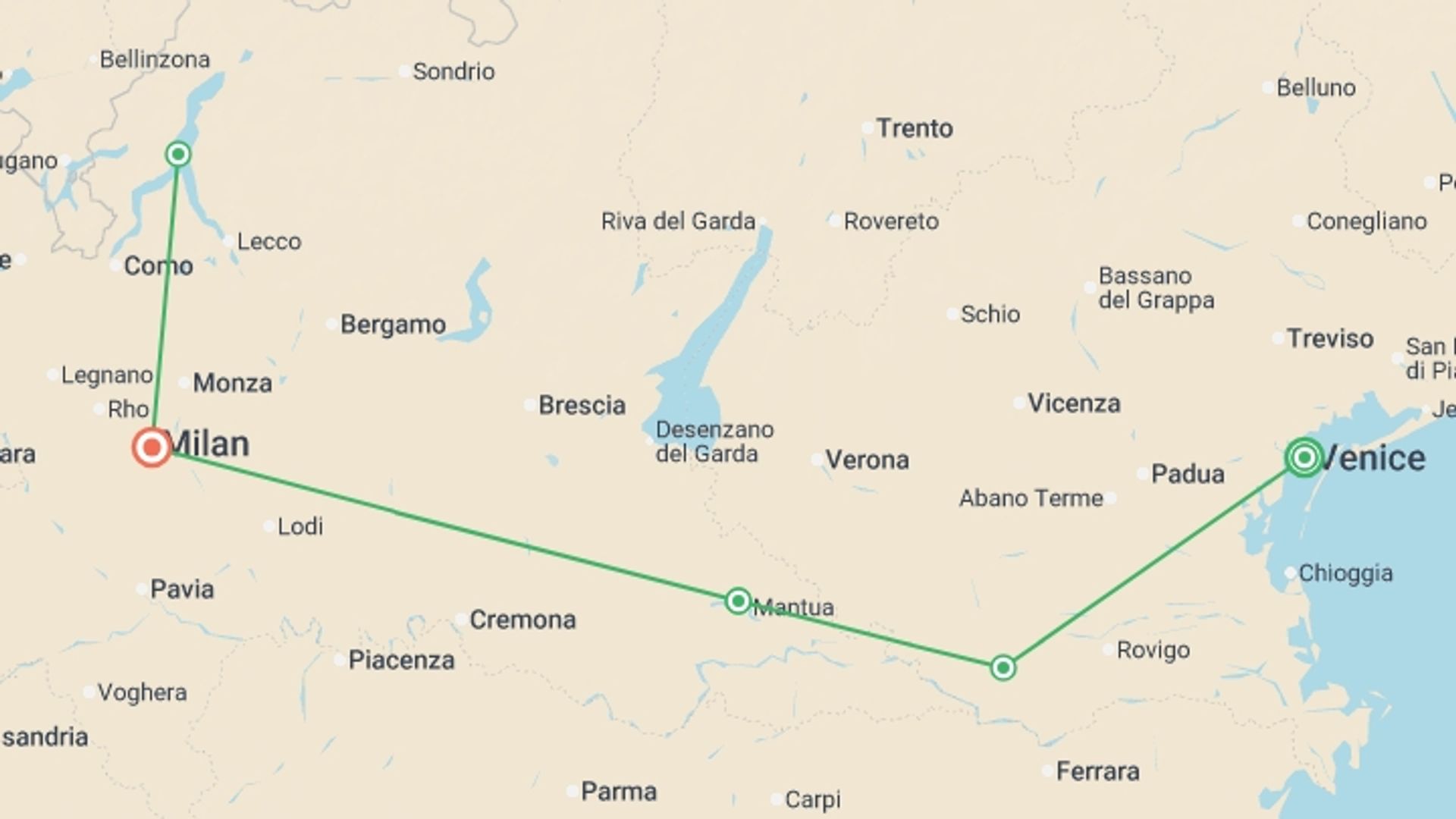 A map showing the tour itinerary for the trip: From the Canals of Venice to Renaissance-infused Mantua & Milan and Lake Como Extended Stay (port-to-port cruise), starting in Venice, Italy and ending in Milan, Italy going through 4 other destinations.