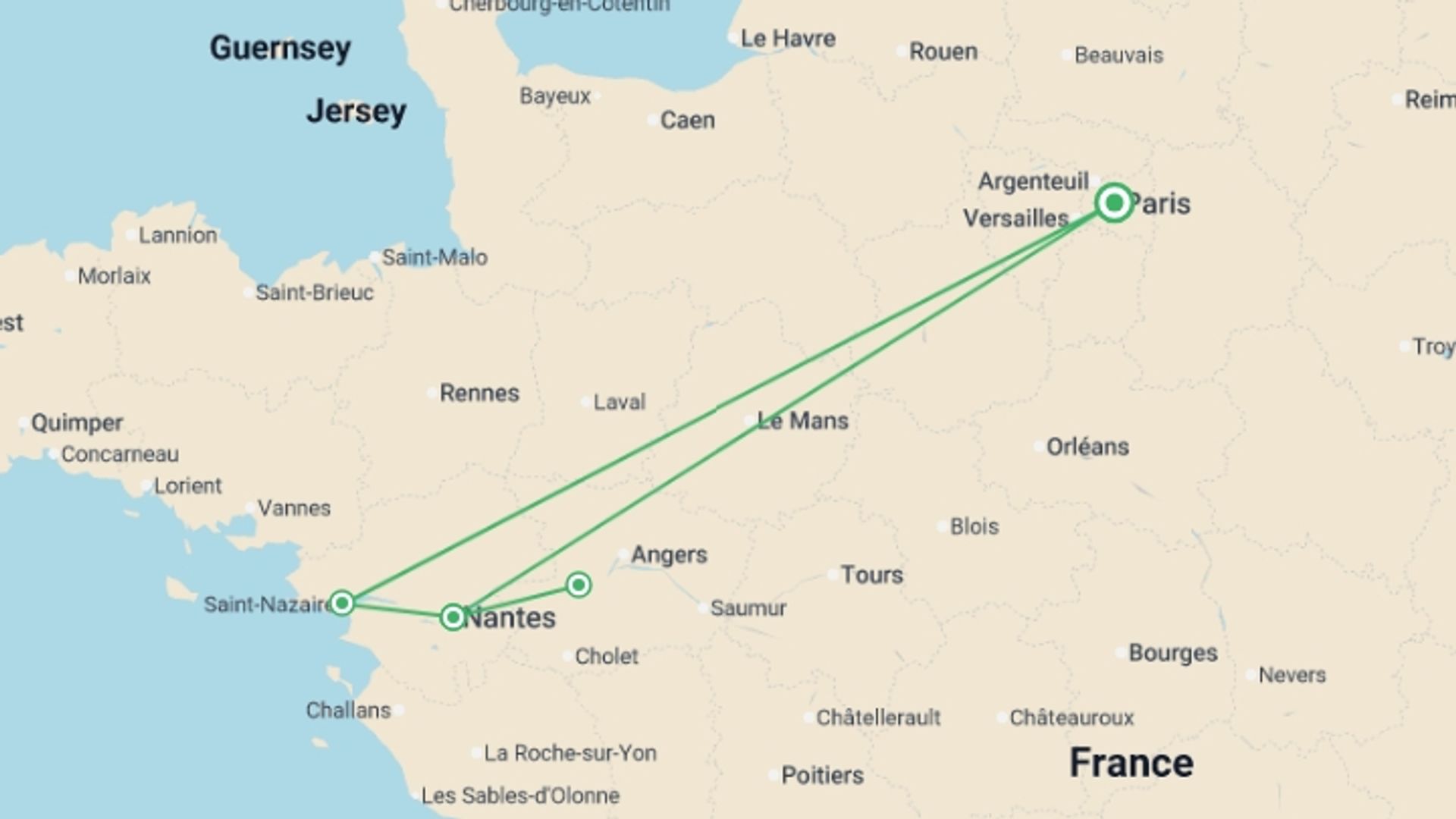 A map showing the tour itinerary for the trip: From the Châteaux of Chambord and Chenonceau to the Loire Valley, starting in Paris, France and ending in Brittany, France going through 3 other destinations.