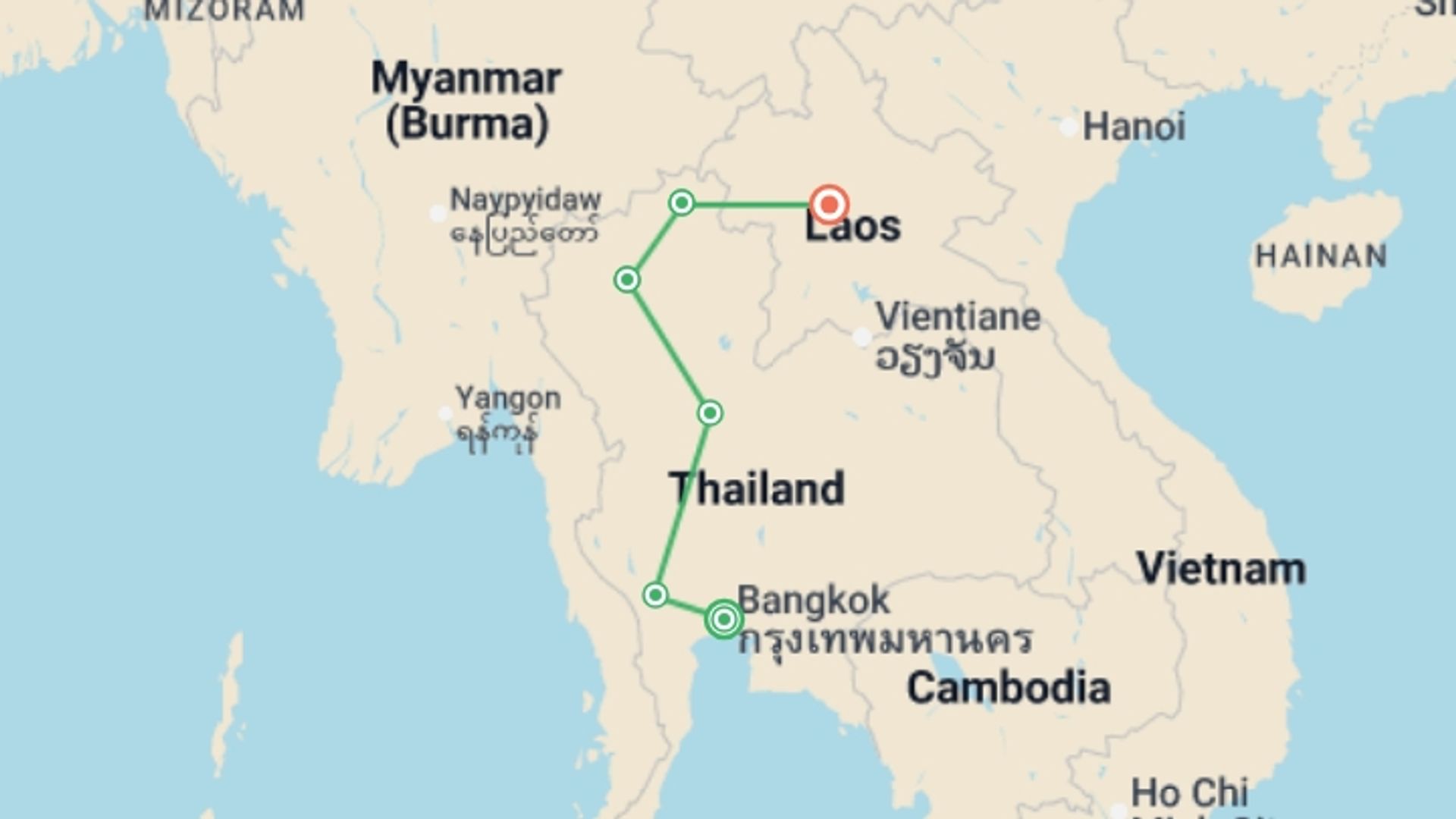 A map showing the tour itinerary for the trip: From the Kingdom of Siam to the Soul of Laos, starting in Bangkok, Thailand and ending in Luang Prabang, Laos going through 5 other destinations.