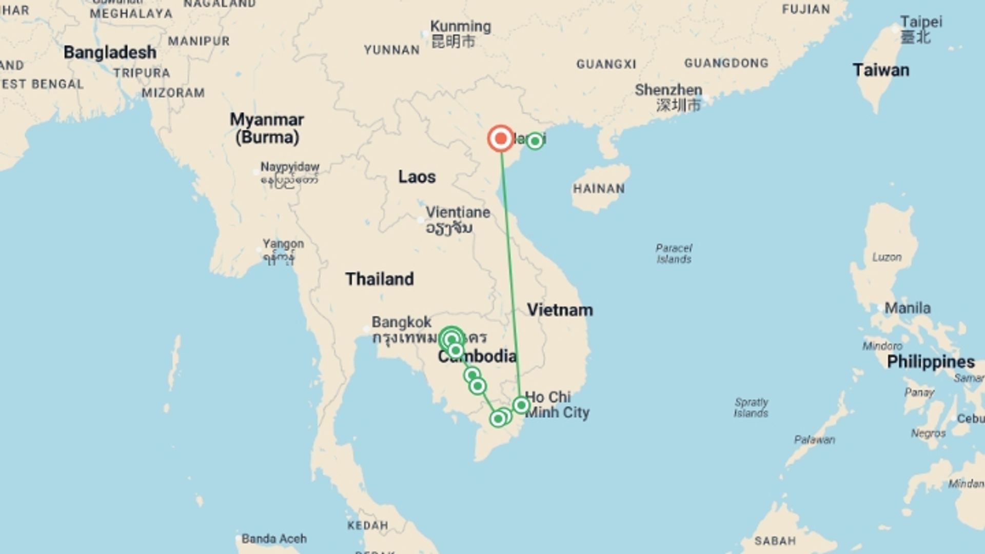 A map showing the tour itinerary for the trip: From the temples of Angkor to the Mekong Delta, experience unique and exotic end-of-year celebrations - & Hanoi and Halong Bay (port-to-port cruise), starting in Siem Reap, Cambodia and ending in Halong Bay, Vietnam going through 5 other destinations.
