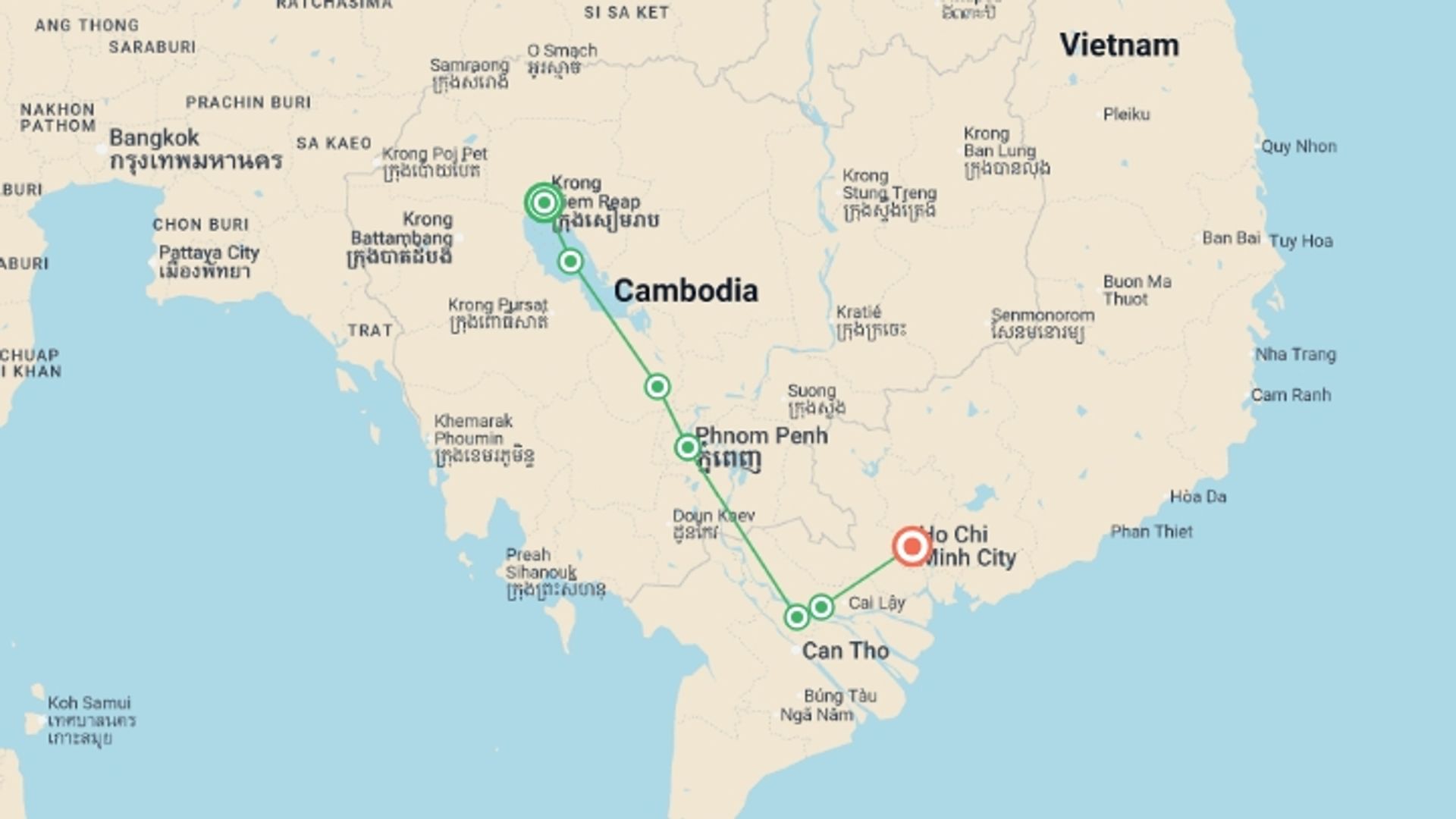 A map showing the tour itinerary for the trip: From the temples of Angkor to the Mekong Delta, experience unique and exotic end-of-year celebrations (port-to-port cruise), starting in Siem Reap, Cambodia and ending in Ho Chi Minh City, Vietnam going through 3 other destinations.