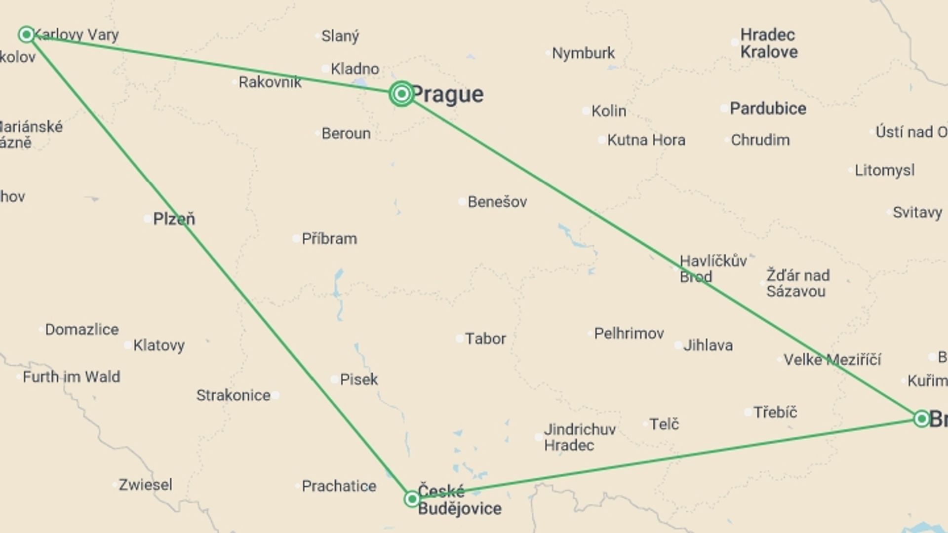 A map showing the tour itinerary for the trip: Full Czechia, starting in Prague, Czech Republic and ending in Prague, Czech Republic going through 1 other destinations.