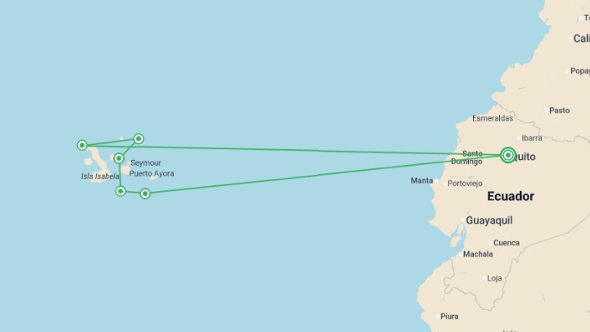 A map showing the tour itinerary for the trip: Galapagos - Central, North, South and East Islands aboard the Archipel I, starting in Quito, Ecuador and ending in Quito, Ecuador going through 3 other destinations.