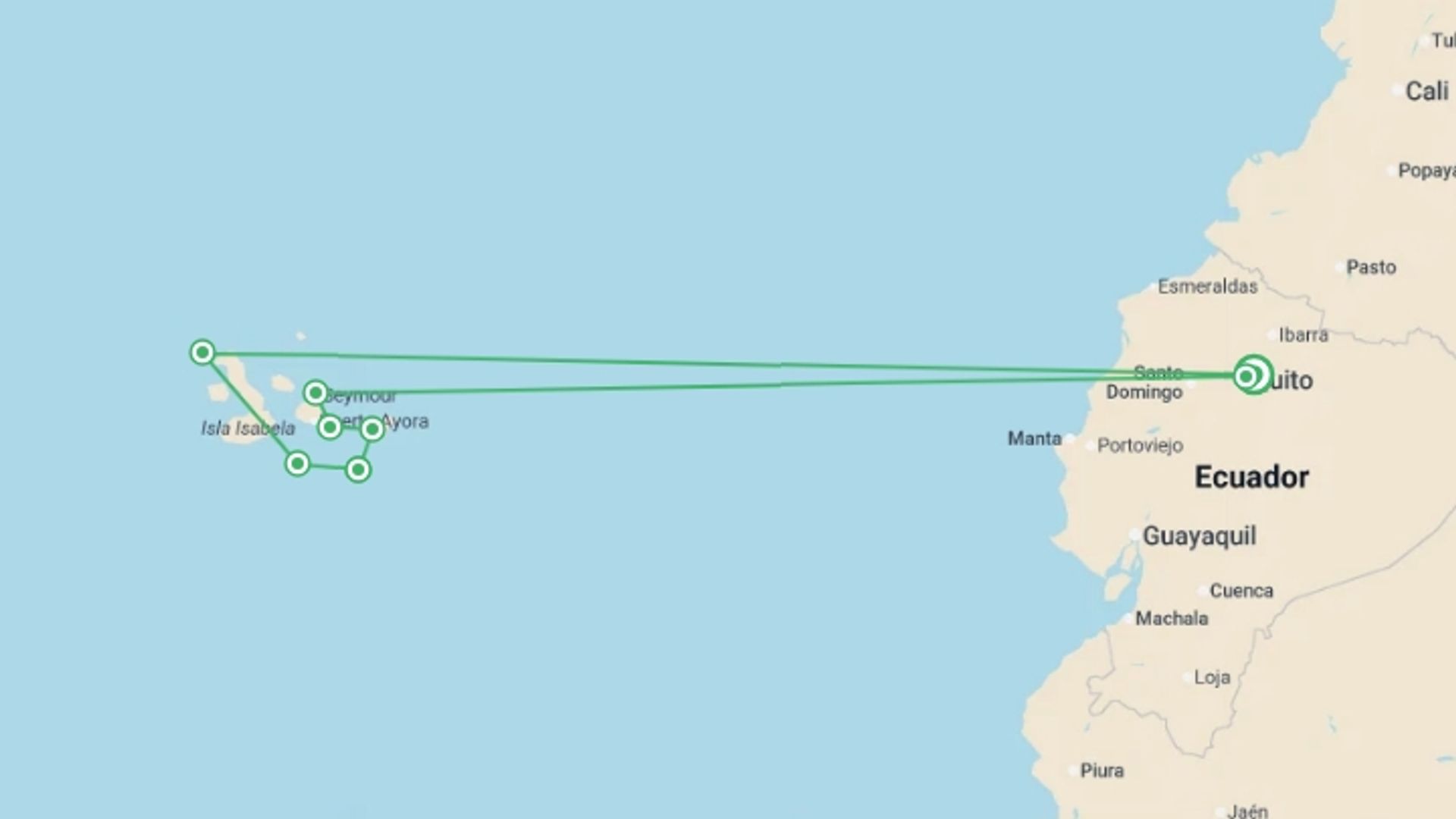 A map showing the tour itinerary for the trip: Galapagos - Central, South & East Islands aboard the Archipel I, starting in Quito, Ecuador and ending in Quito, Ecuador going through 4 other destinations.