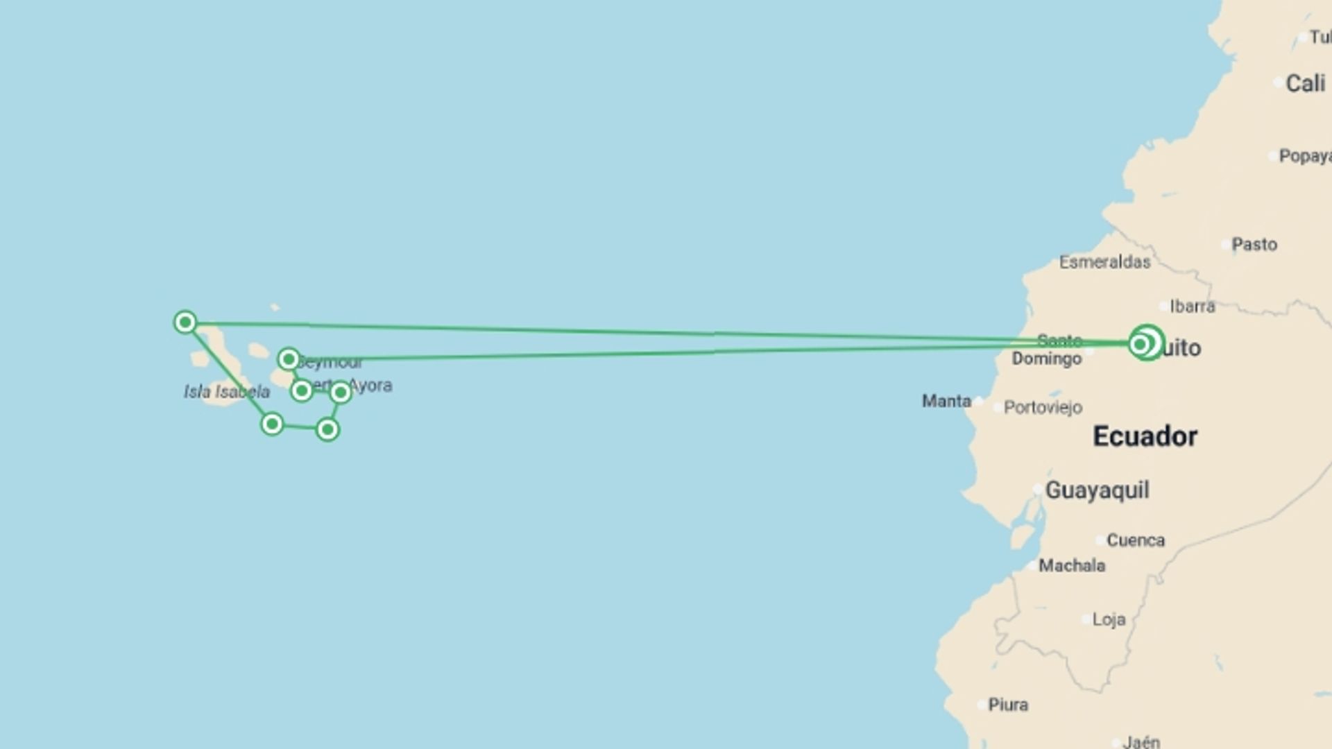 A map showing the tour itinerary for the trip: Galapagos - Central, South & East Islands aboard the Archipel I, starting in Quito, Ecuador and ending in Quito, Ecuador going through 4 other destinations.