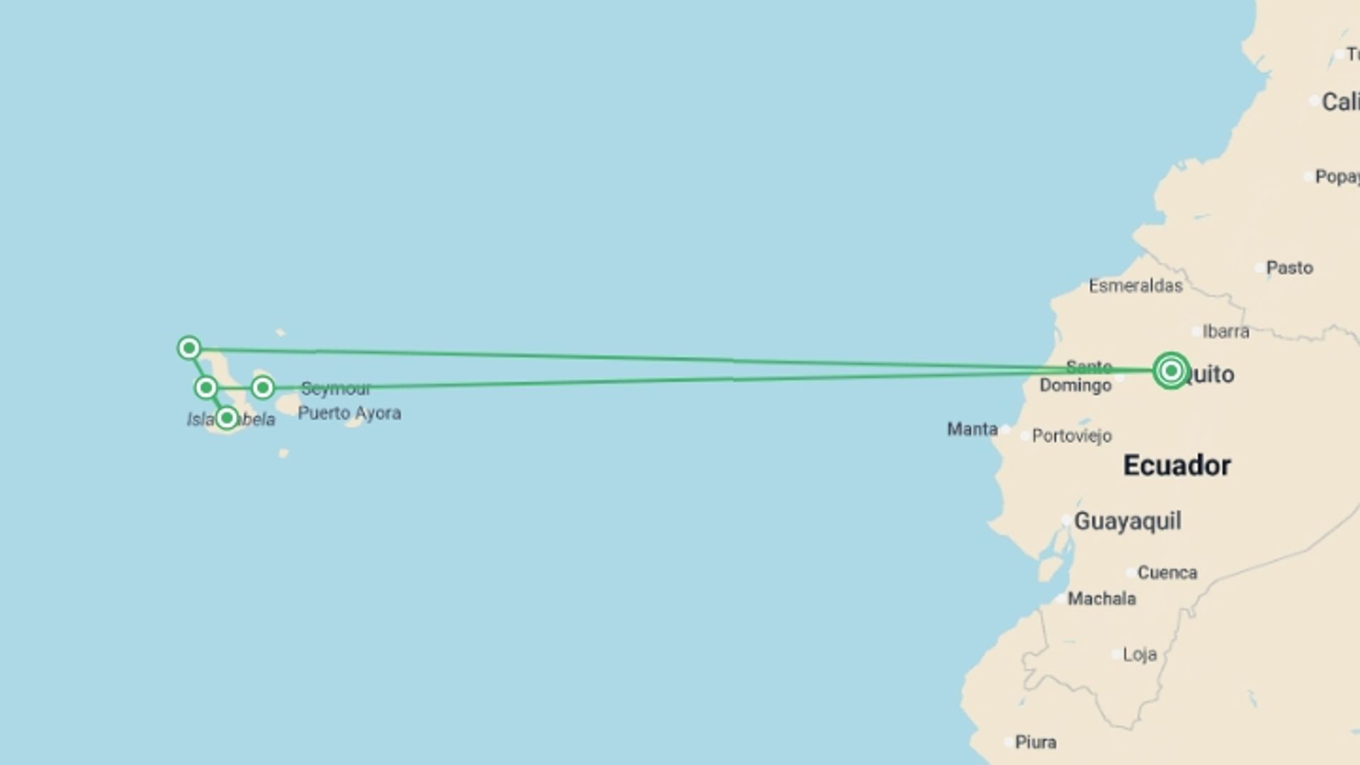 A map showing the tour itinerary for the trip: Galapagos Express - Central & West Islands aboard the Archipel I, starting in Quito, Ecuador and ending in Quito, Ecuador going through 2 other destinations.