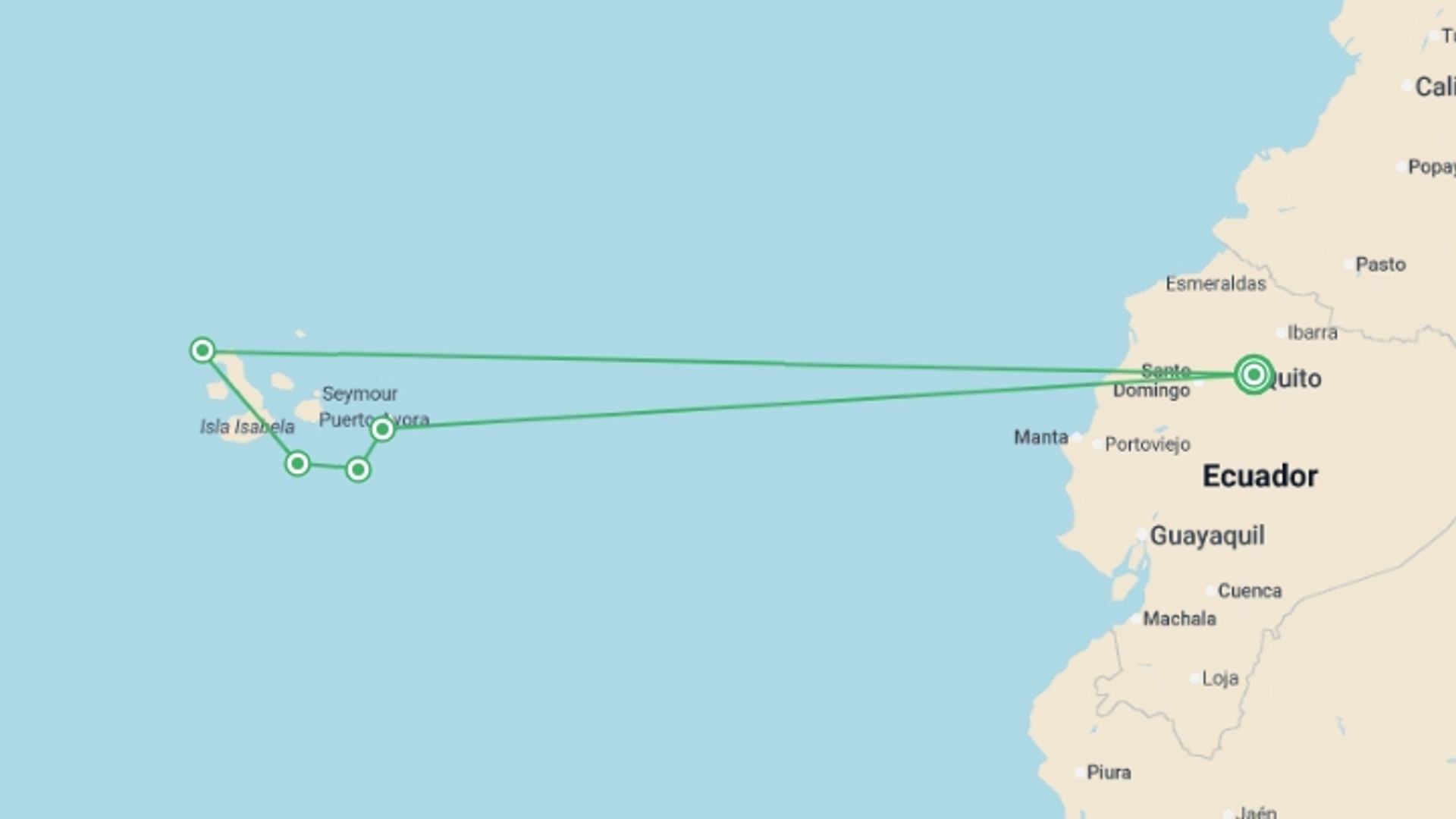 A map showing the tour itinerary for the trip: Galapagos Express - Central, South & East Islands aboard the Archipel I, starting in Quito, Ecuador and ending in Quito, Ecuador going through 4 other destinations.