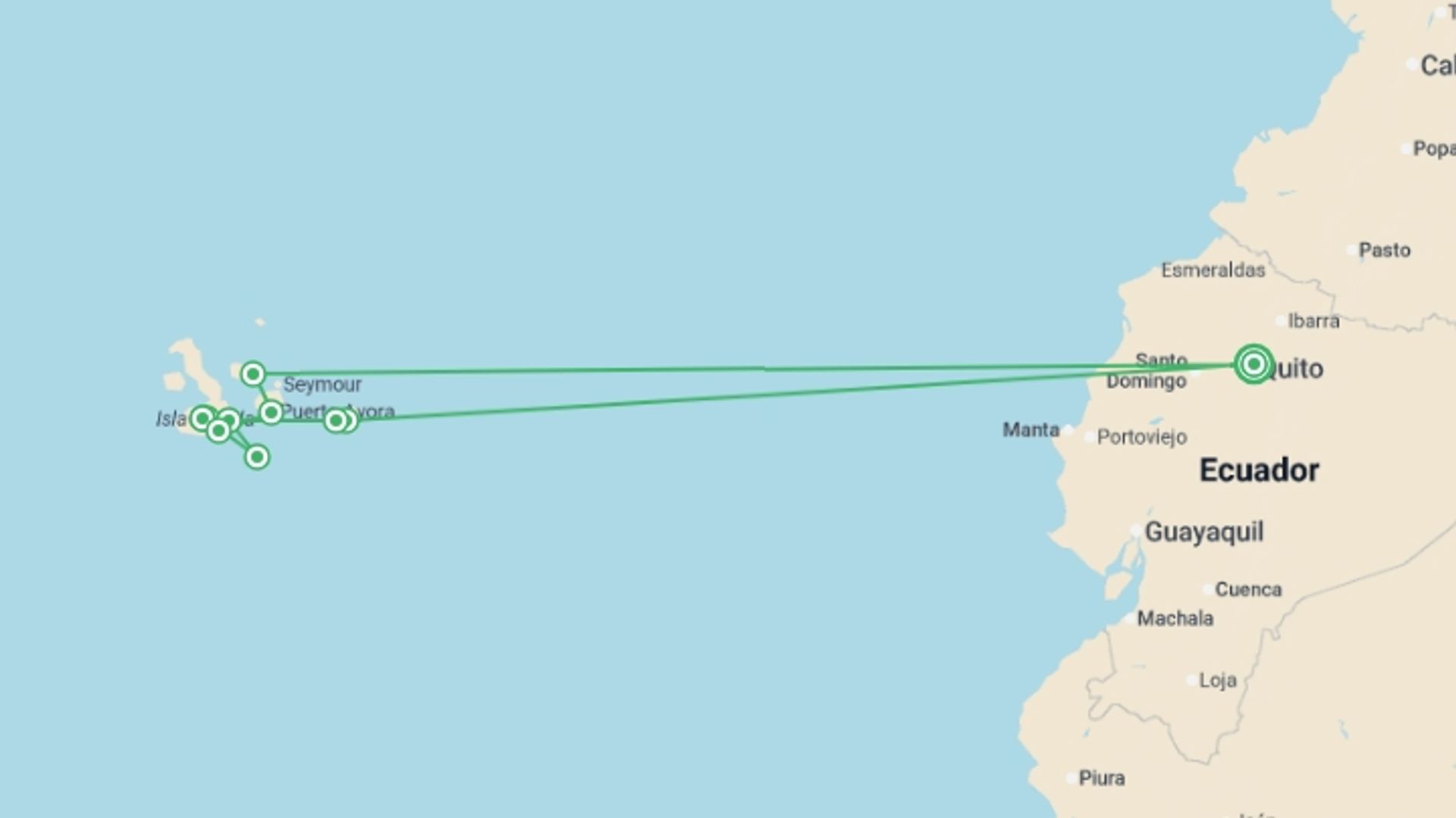 A map showing the tour itinerary for the trip: Galapagos Walking Adventure, starting in Quito, Ecuador and ending in Quito, Ecuador going through 4 other destinations.
