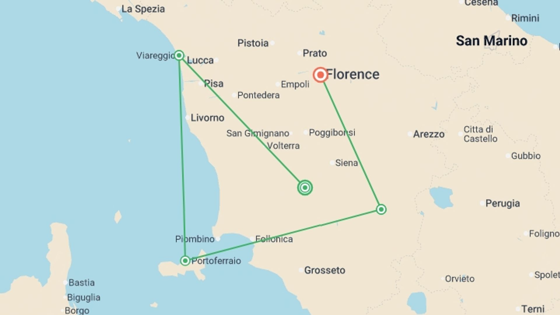 A map showing the tour itinerary for the trip: Gems of Tuscany: Florence, the Orcia Valley & the Mediterranean Coast, starting in Tuscany, Italy and ending in Florence, Italy going through 2 other destinations.