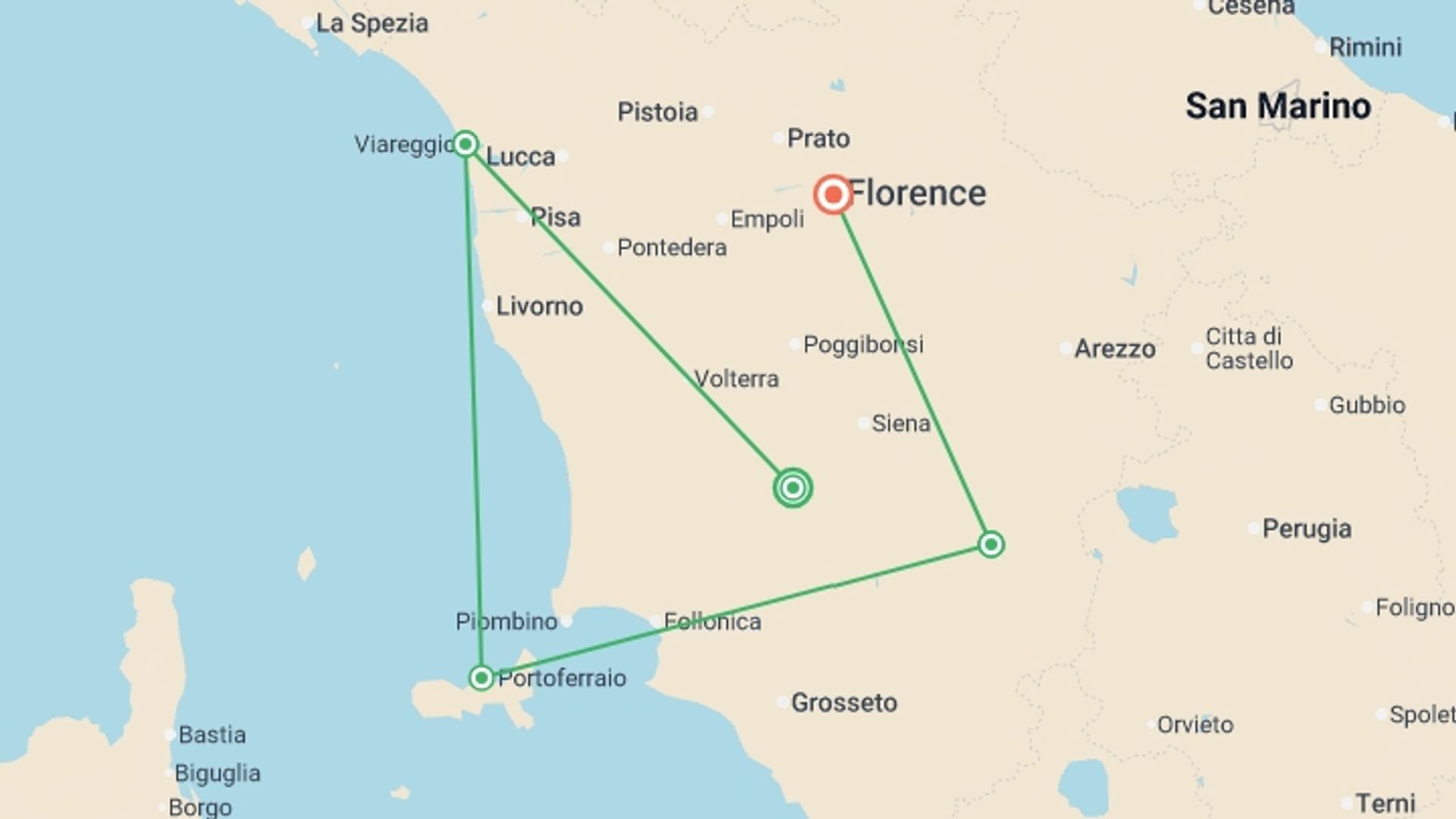 A map showing the tour itinerary for the trip: Gems of Tuscany: Florence, the Orcia Valley & the Mediterranean Coast, starting in Tuscany, Italy and ending in Florence, Italy going through 2 other destinations.