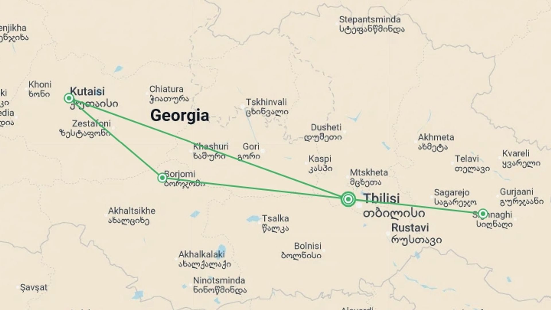 A map showing the tour itinerary for the trip: Georgia Discovery, starting in Tbilisi, Georgia and ending in Tbilisi, Georgia going through 4 other destinations.