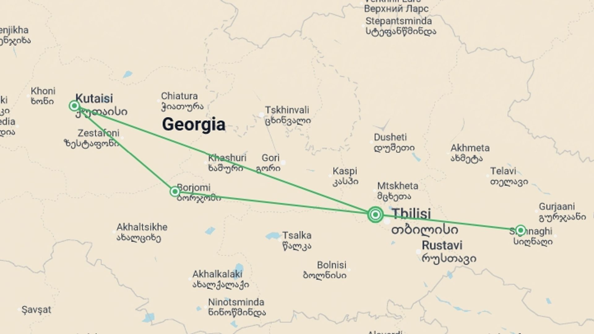 A map showing the tour itinerary for the trip: Georgia Discovery, starting in Tbilisi, Georgia and ending in Tbilisi, Georgia going through 4 other destinations.
