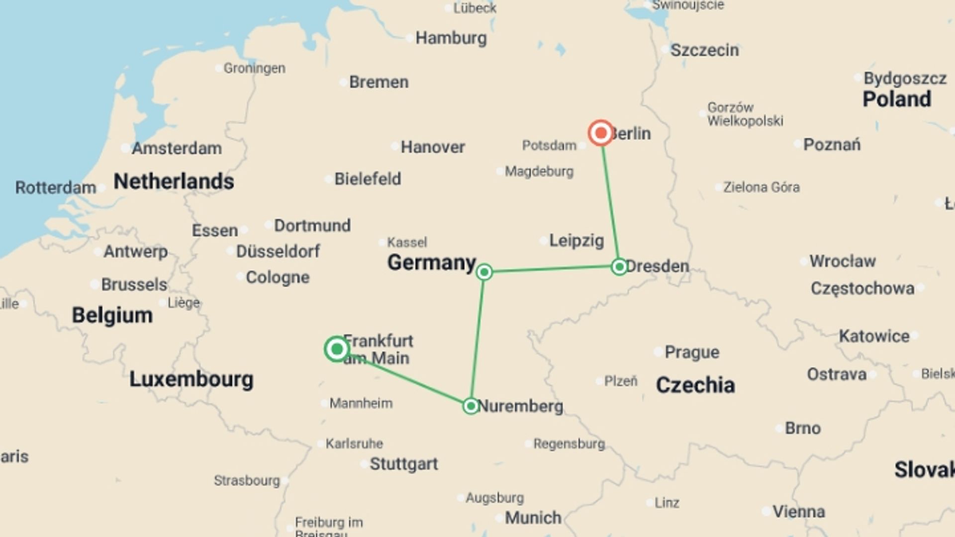 A map showing the tour itinerary for the trip: German Christmas Markets, starting in Frankfurt, Germany and ending in Berlin, Germany going through 4 other destinations.