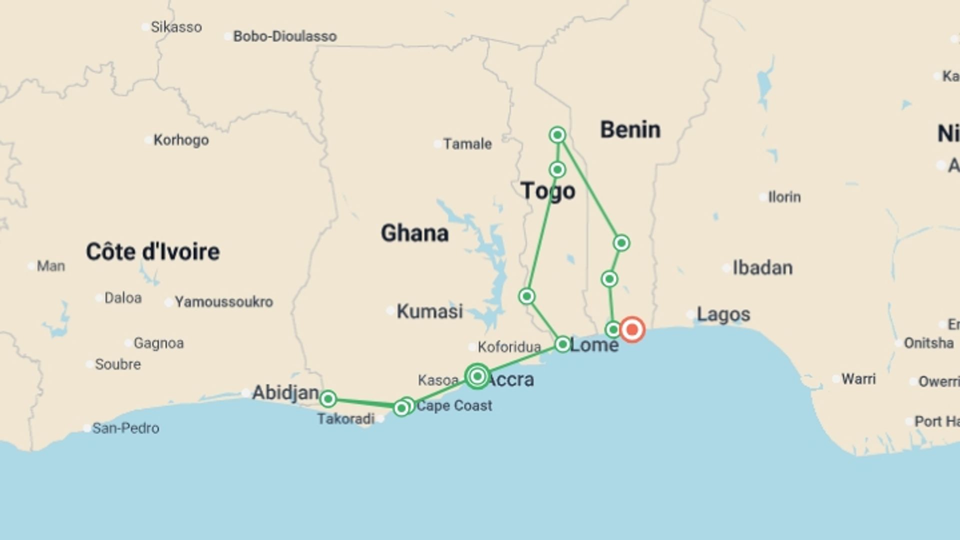 A map showing the tour itinerary for the trip: Ghana, Togo, & Benin: Castles, Coastlines and Voodoo Discoveries, starting in Accra, Ghana and ending in Cotonou, Benin going through 5 other destinations.