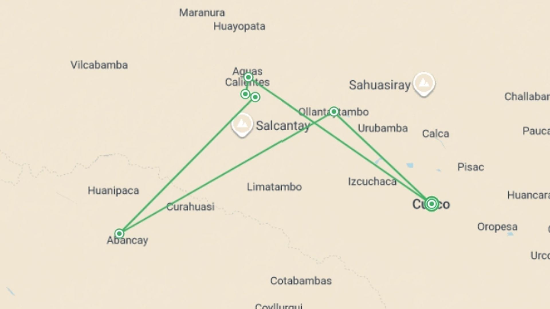 A map showing the tour itinerary for the trip: Glamping on the Inca Trail, starting in Cusco, Peru and ending in Cusco, Peru going through 4 other destinations.