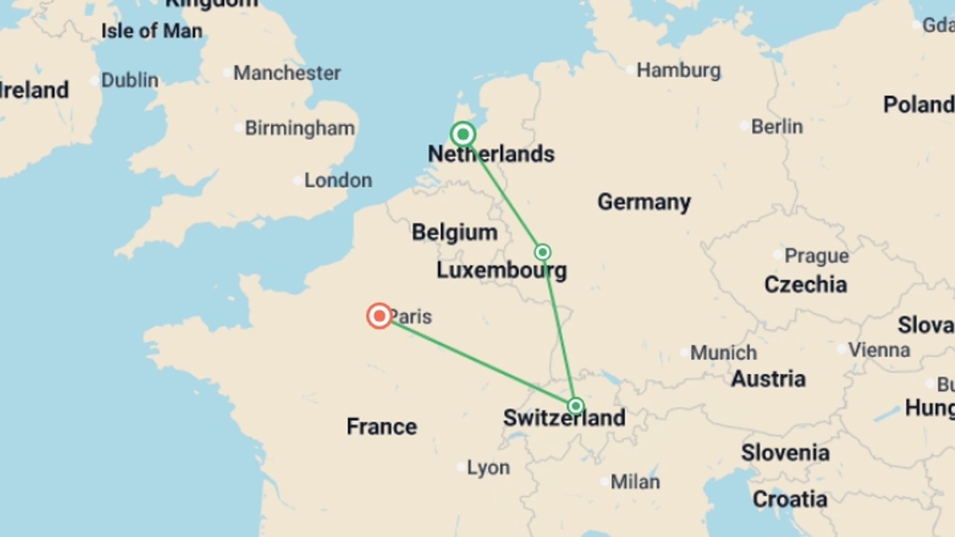 A map showing the tour itinerary for the trip: Glimpse of Europe, starting in Amsterdam, Holland and ending in Paris, France going through 5 other destinations.