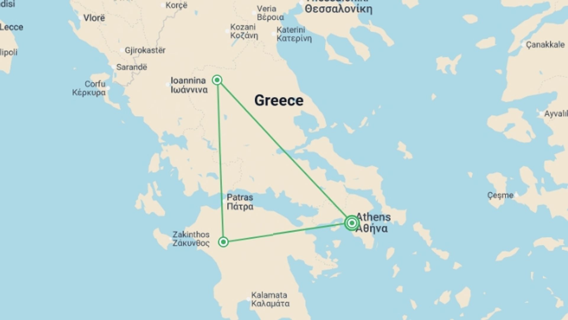 A map showing the tour itinerary for the trip: Glories of Greece, starting in Athens, Greece and ending in Athens, Greece going through 2 other destinations.