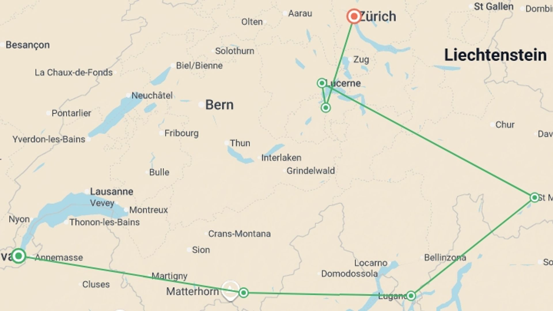 A map showing the tour itinerary for the trip: Glorious Switzerland, starting in Geneva, Switzerland and ending in Zurich, Switzerland going through 4 other destinations.