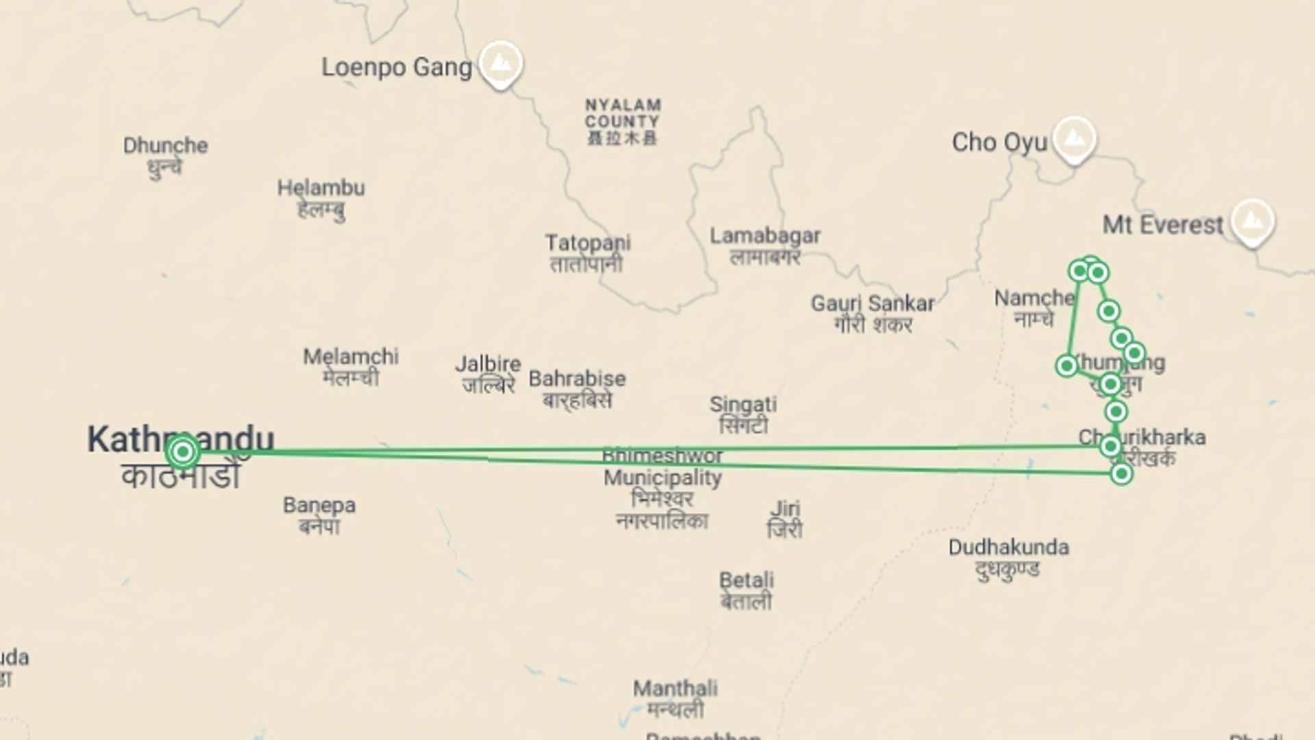A map showing the tour itinerary for the trip: Gokyo & the Renjo La - Private Comfort Camps, starting in Kathmandu, Nepal and ending in Kathmandu, Nepal going through 5 other destinations.