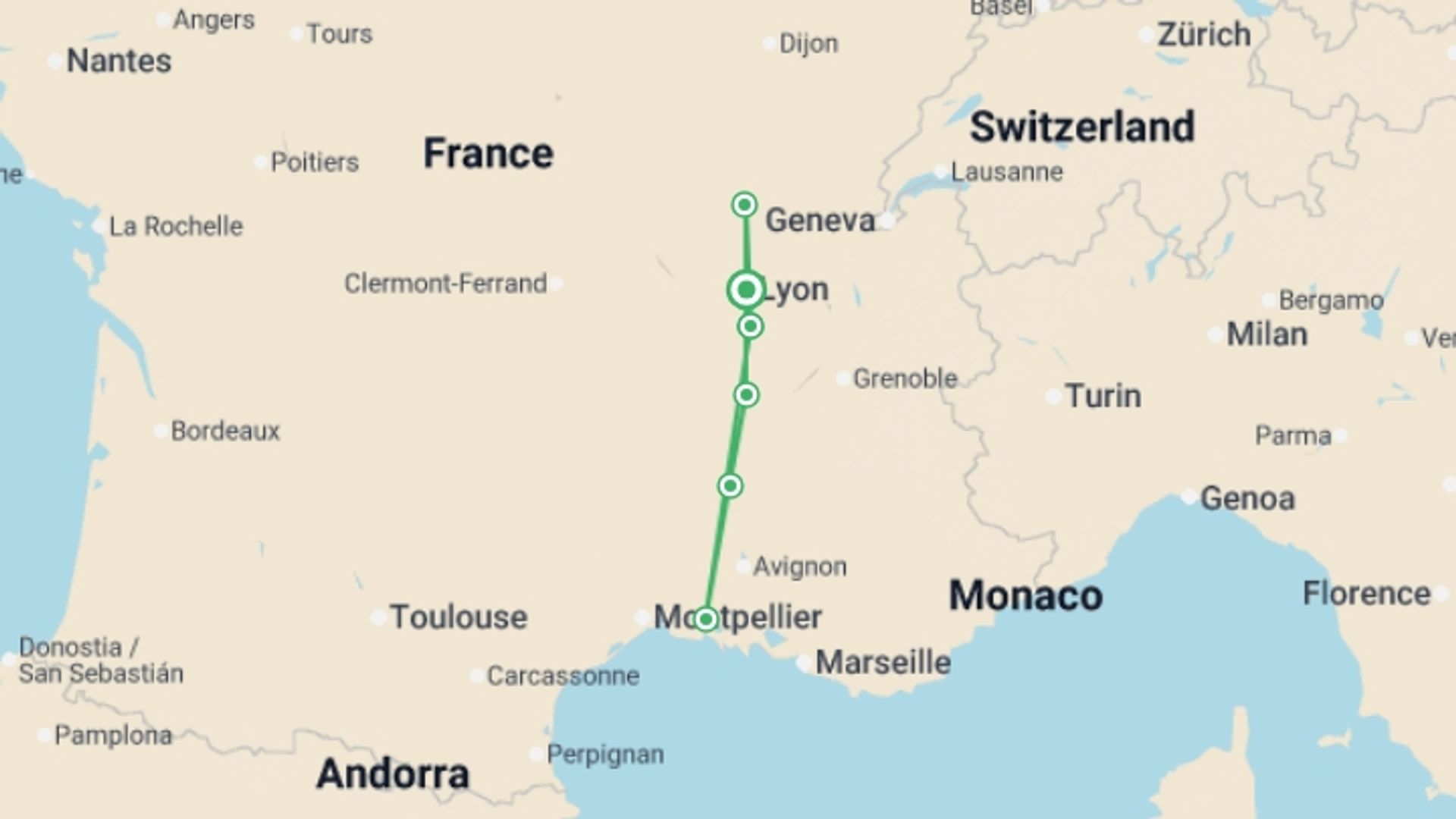 A map showing the tour itinerary for the trip: Gourmet and cultural cruise along the Saône and the Rhône, the French art of living (port-to-port cruise), starting in Lyon, France and ending in Lyon, France going through 3 other destinations.