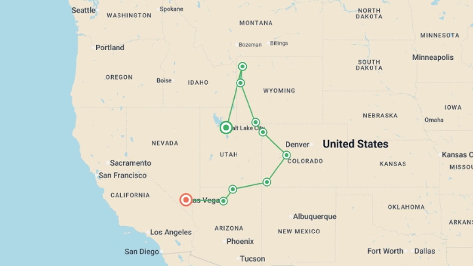 A map showing the tour itinerary for the trip: Grand Canyon, Yellowstone and Rocky Mountain Trails, starting in Salt Lake City, USA and ending in Las Vegas, USA going through 6 other destinations.