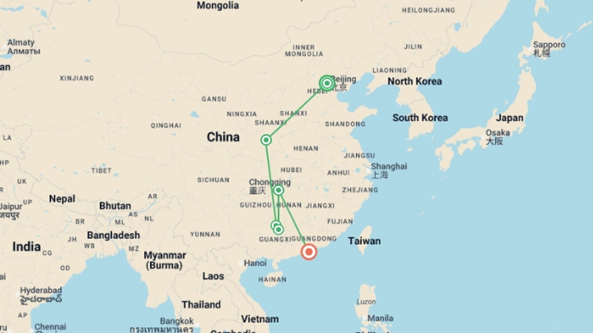 A map showing the tour itinerary for the trip: Grand China Circuit - 14 days, starting in Beijing, China and ending in Shanghai, China going through 7 other destinations.