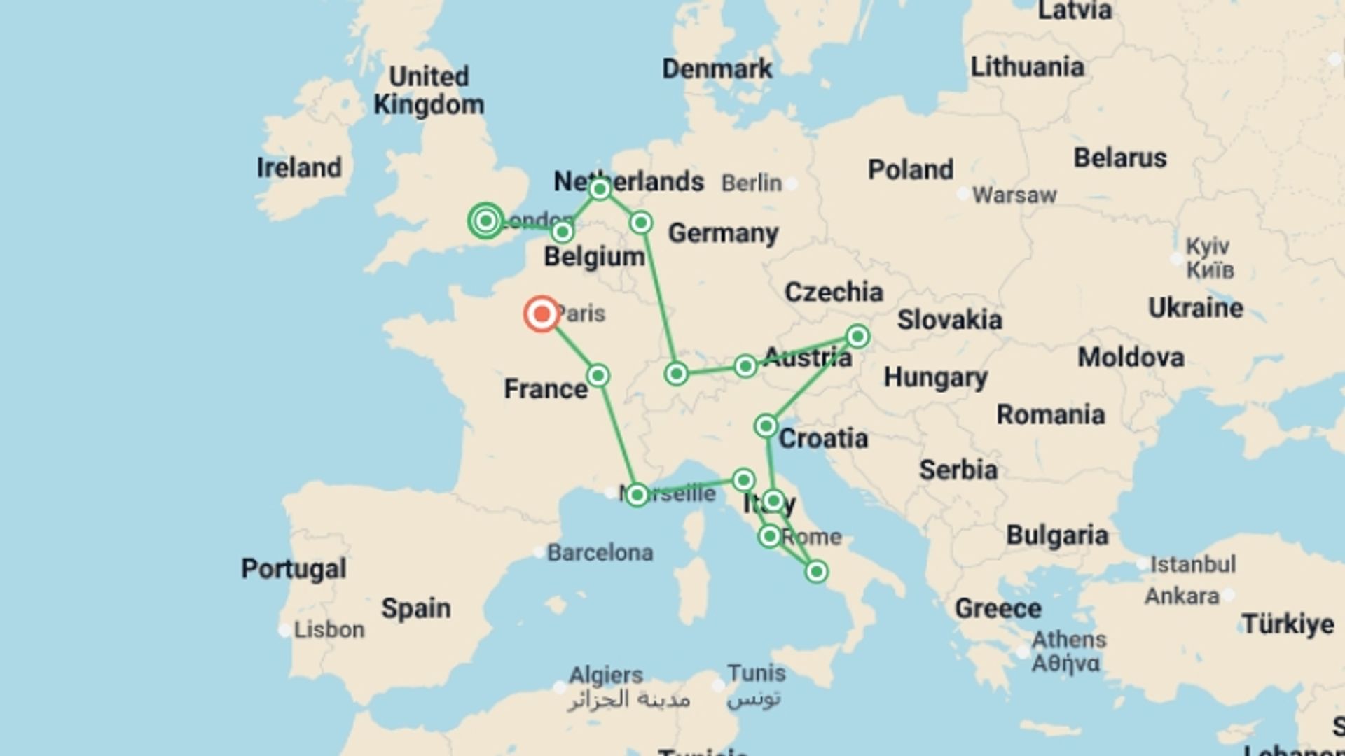 A map showing the tour itinerary for the trip: Grand European, starting in Bruges, Belgium and ending in Paris, France going through 14 other destinations.