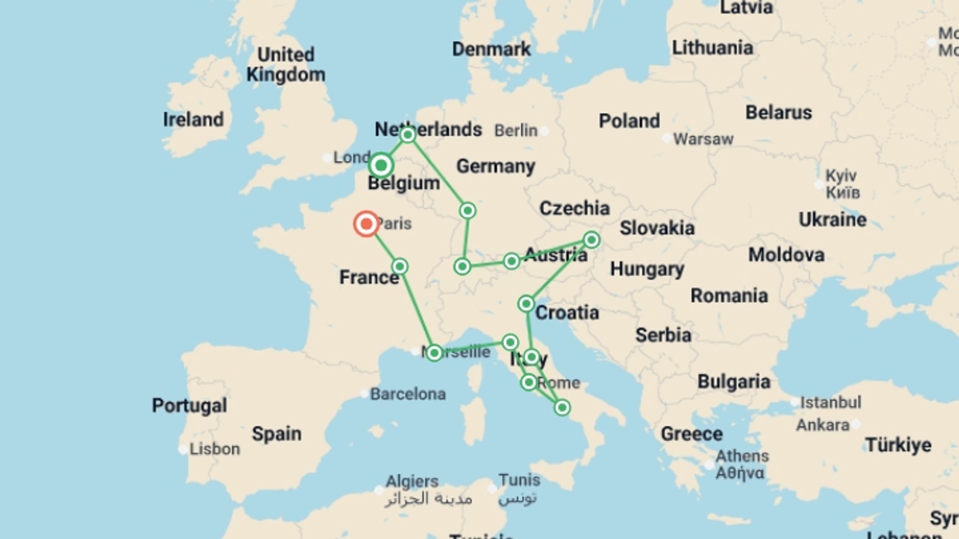 A map showing the tour itinerary for the trip: Grand European, starting in Bruges, Belgium and ending in Paris, France going through 3 other destinations.
