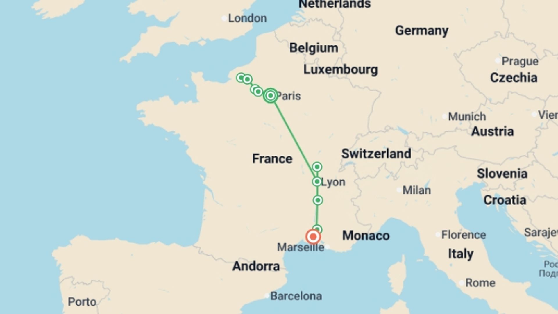 A map showing the tour itinerary for the trip: Grand France (2028), starting in Paris, France and ending in Arles, France going through 6 other destinations.