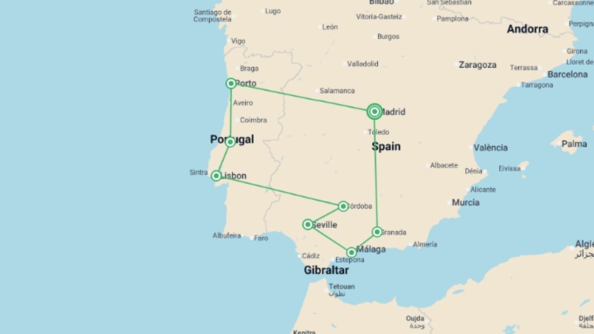 A map showing the tour itinerary for the trip: Grand Iberian Adventure: Spain And Portugal, starting in Madrid, Spain and ending in Madrid, Spain going through 7 other destinations.