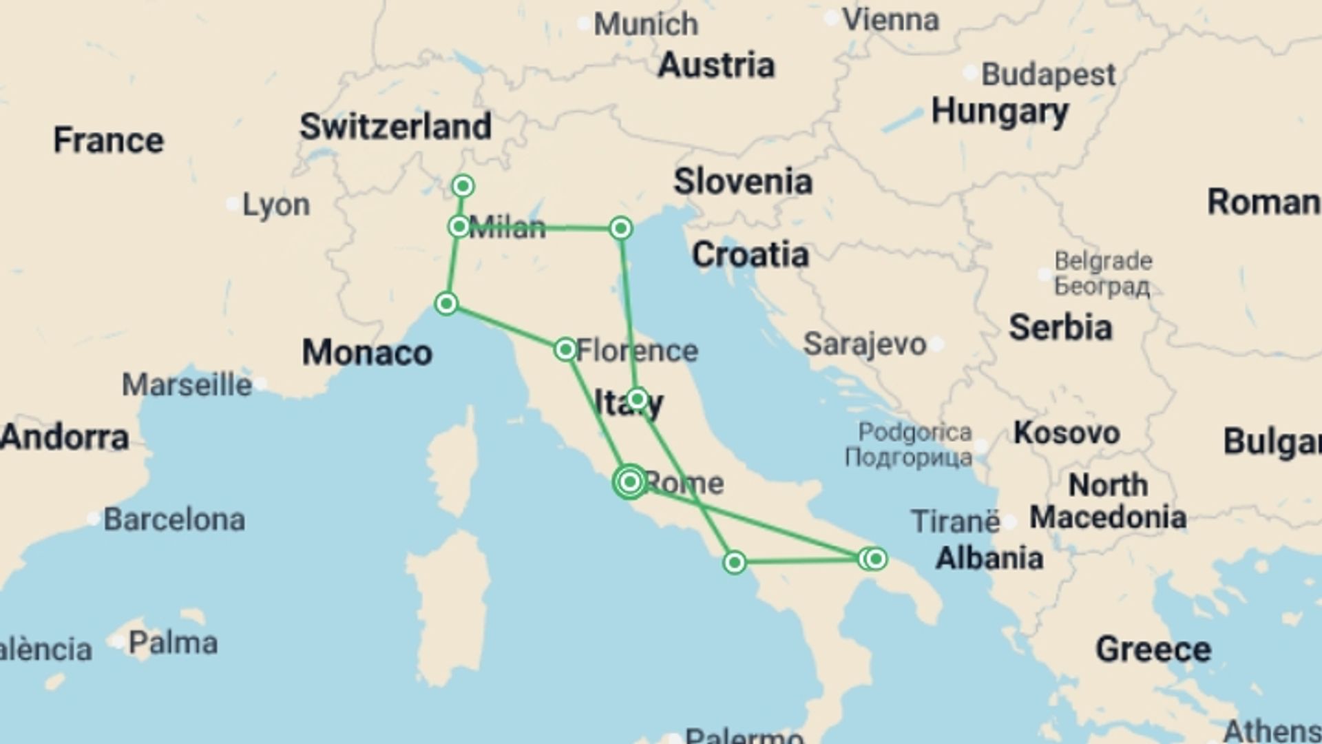 A map showing the tour itinerary for the trip: Grand Italian Experience, starting in Rome, Italy and ending in Rome, Italy going through 10 other destinations.