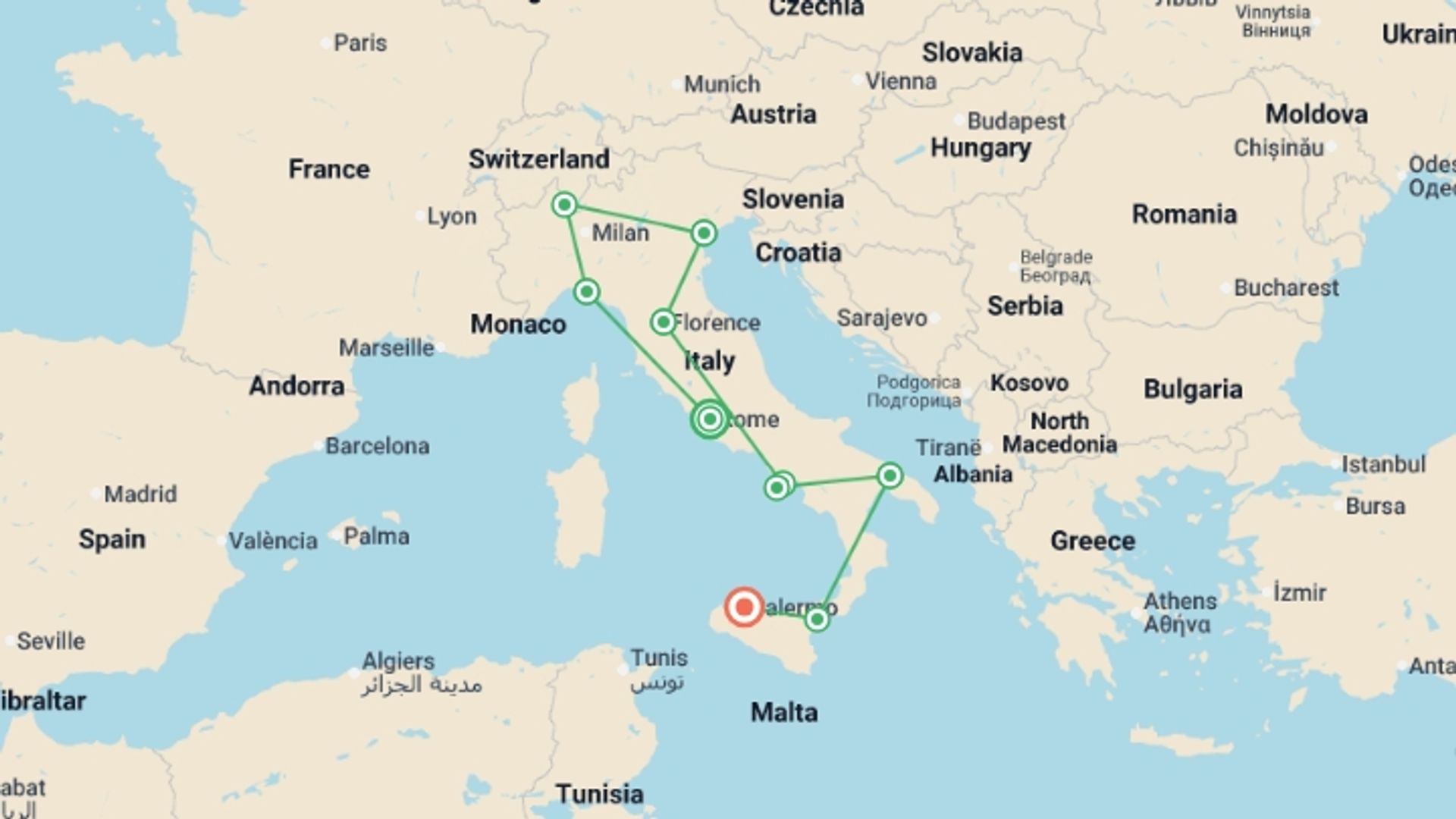 A map showing the tour itinerary for the trip: Grand Italy & Sicily, starting in Rome, Italy and ending in Palermo, Italy going through 9 other destinations.