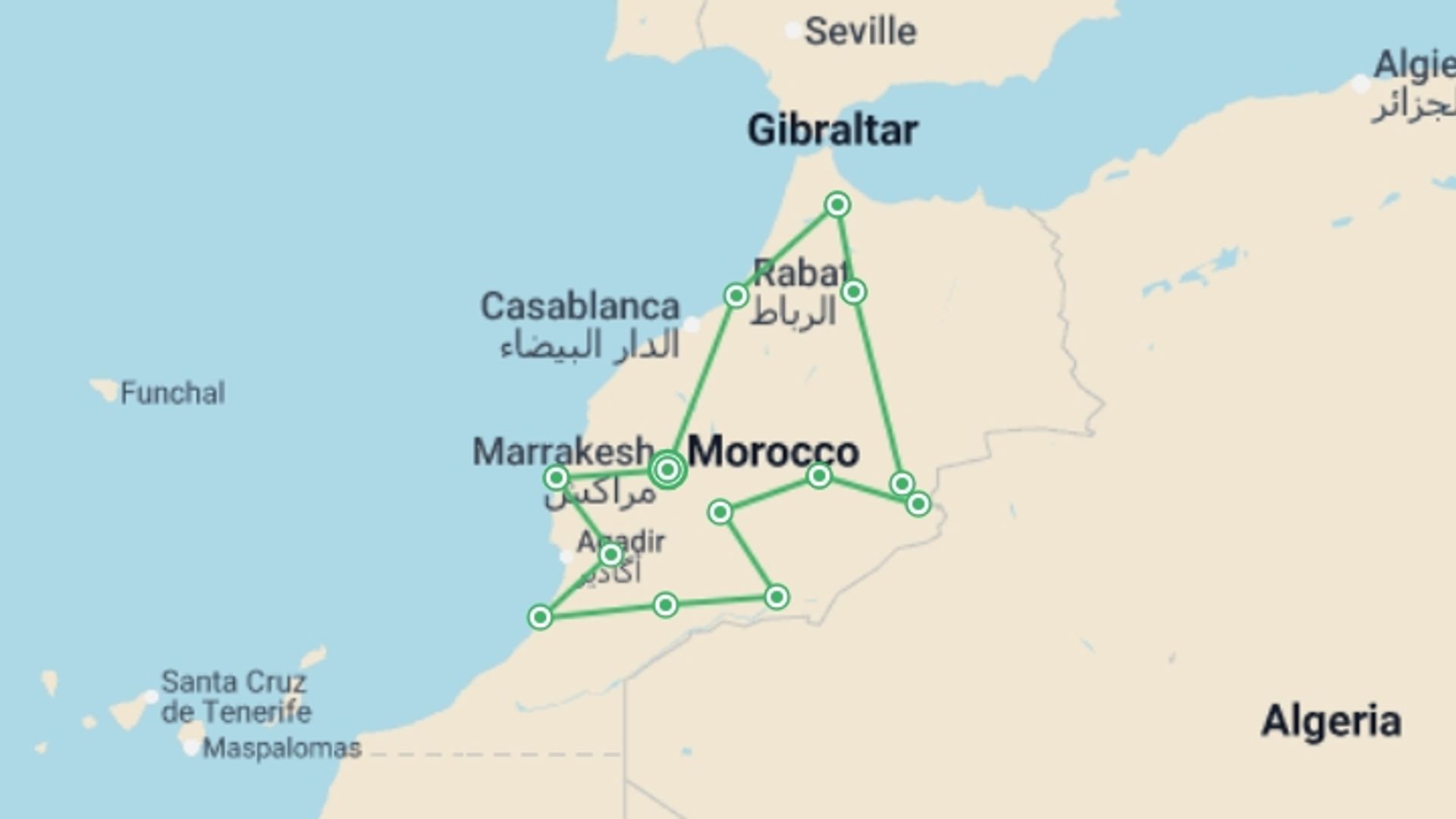 A map showing the tour itinerary for the trip: Grand Tour of Morocco, starting in Marrakech, Morocco and ending in Marrakech, Morocco going through 5 other destinations.