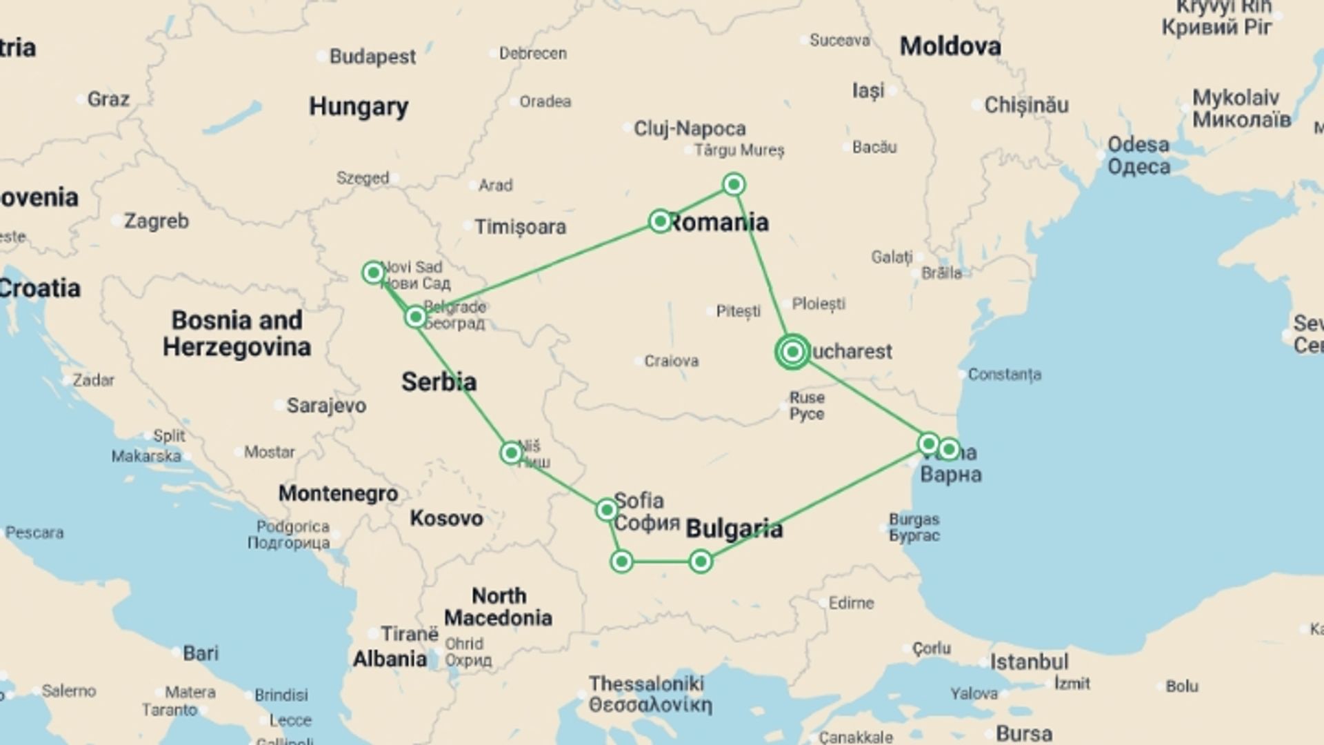 A map showing the tour itinerary for the trip: Grand Tour of Romania, Serbia & Bulgaria, starting in Bucharest, Romania and ending in Bucharest, Romania going through 9 other destinations.