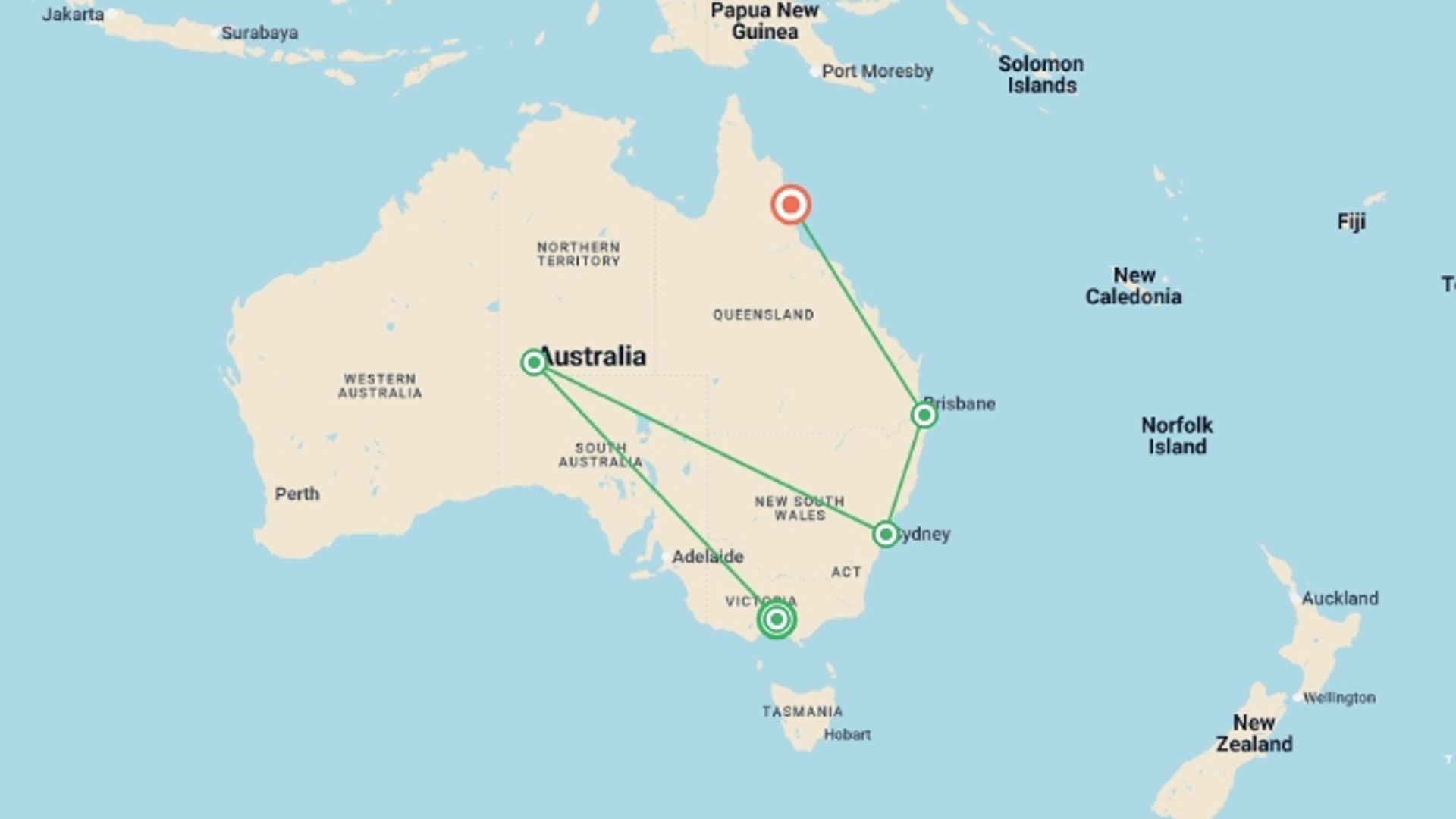 A map showing the tour itinerary for the trip: Great Australian Adventure - 15 days, starting in Melbourne, Australia and ending in Cairns, Australia going through 3 other destinations.