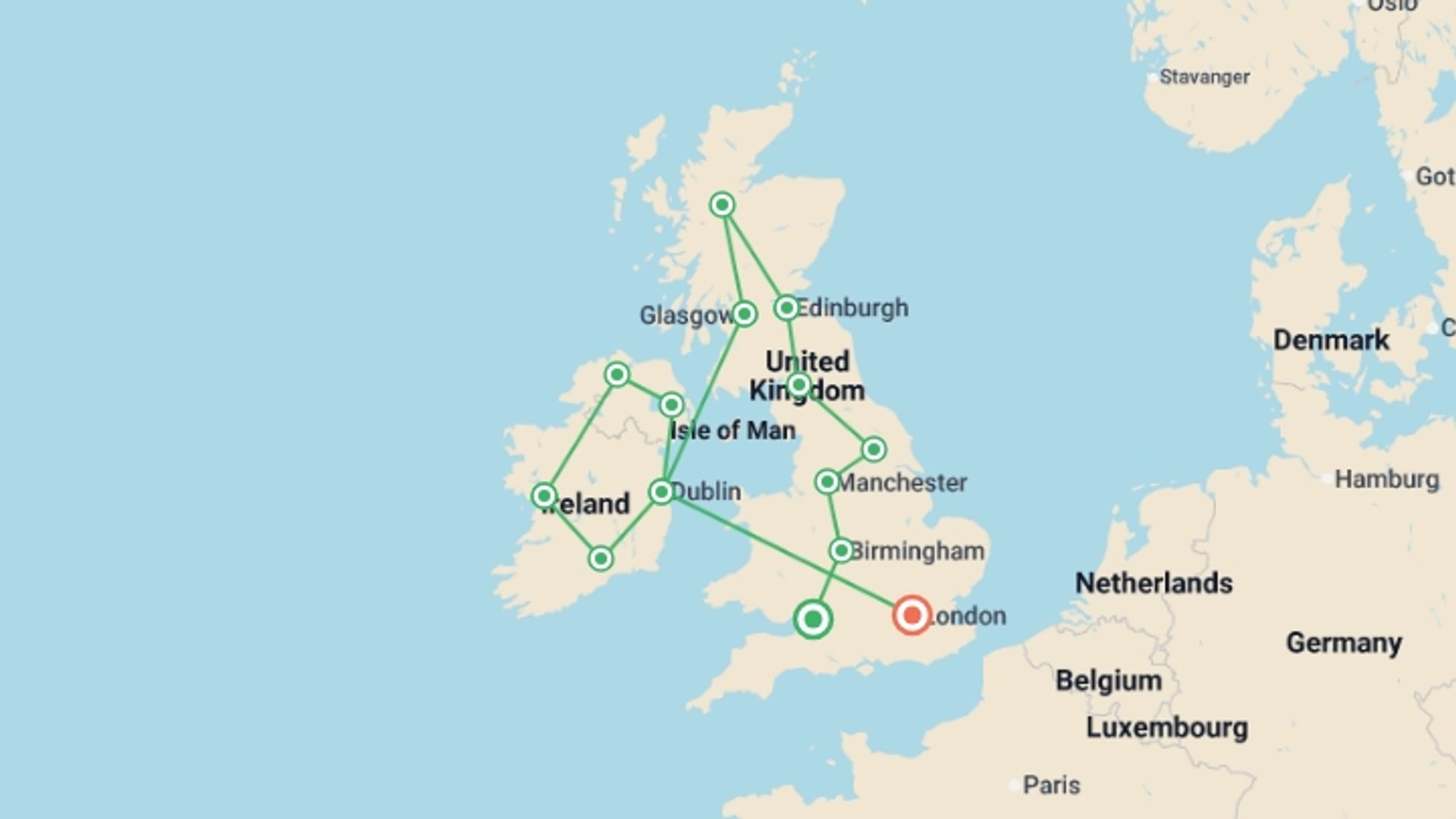 A map showing the tour itinerary for the trip: Best of Great Britain & Ireland, starting in London, England and ending in London, England going through 9 other destinations.