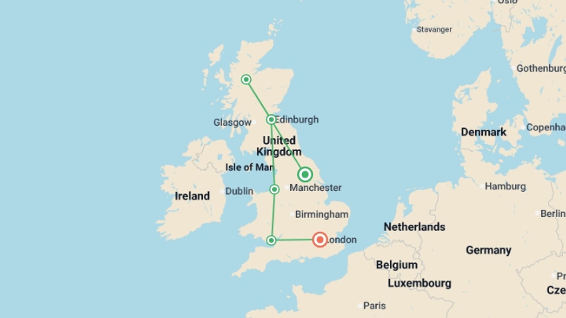 A map showing the tour itinerary for the trip: Great Britain Christmas, starting in York, England and ending in London, England going through 6 other destinations.