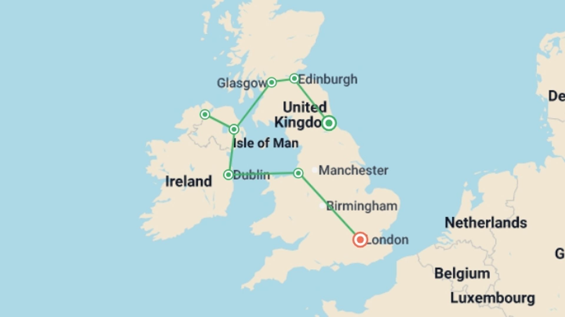 A map showing the tour itinerary for the trip: Great British and Irish Route, starting in London, England and ending in London, England going through 6 other destinations.