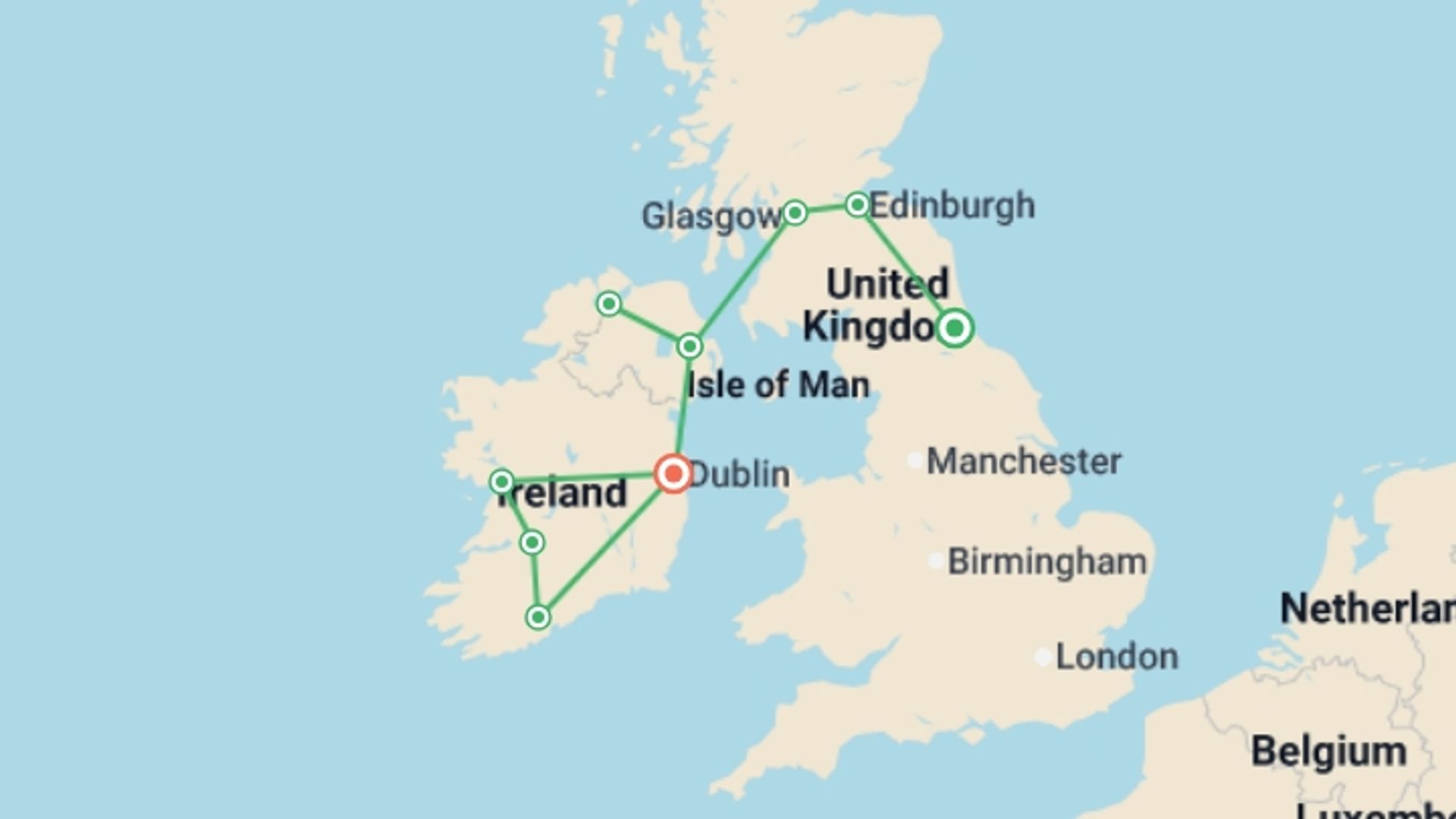 A map showing the tour itinerary for the trip: Great British and Irish Route from North to South, Ending in Dublin, starting in London, England and ending in Dublin, Ireland going through 7 other destinations.