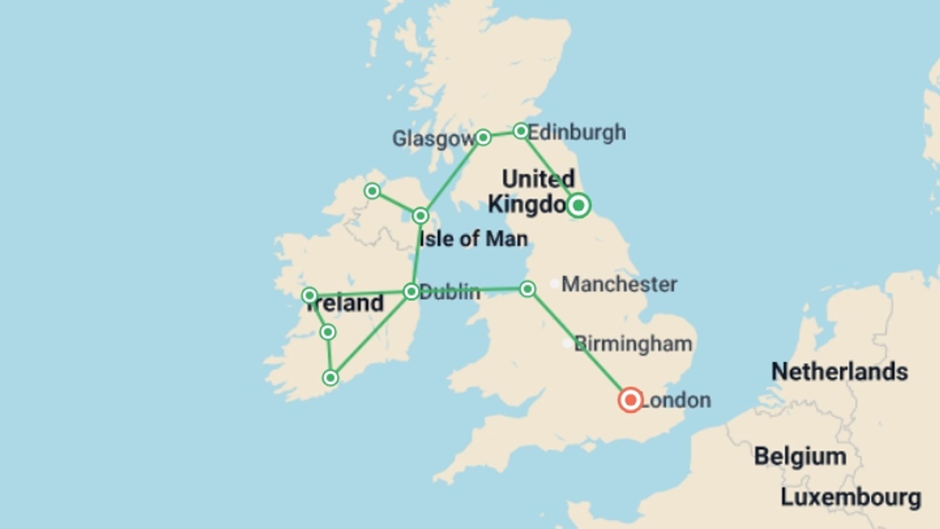 A map showing the tour itinerary for the trip: Great British Route and Emerald Isle, starting in London, England and ending in London, England going through 8 other destinations.